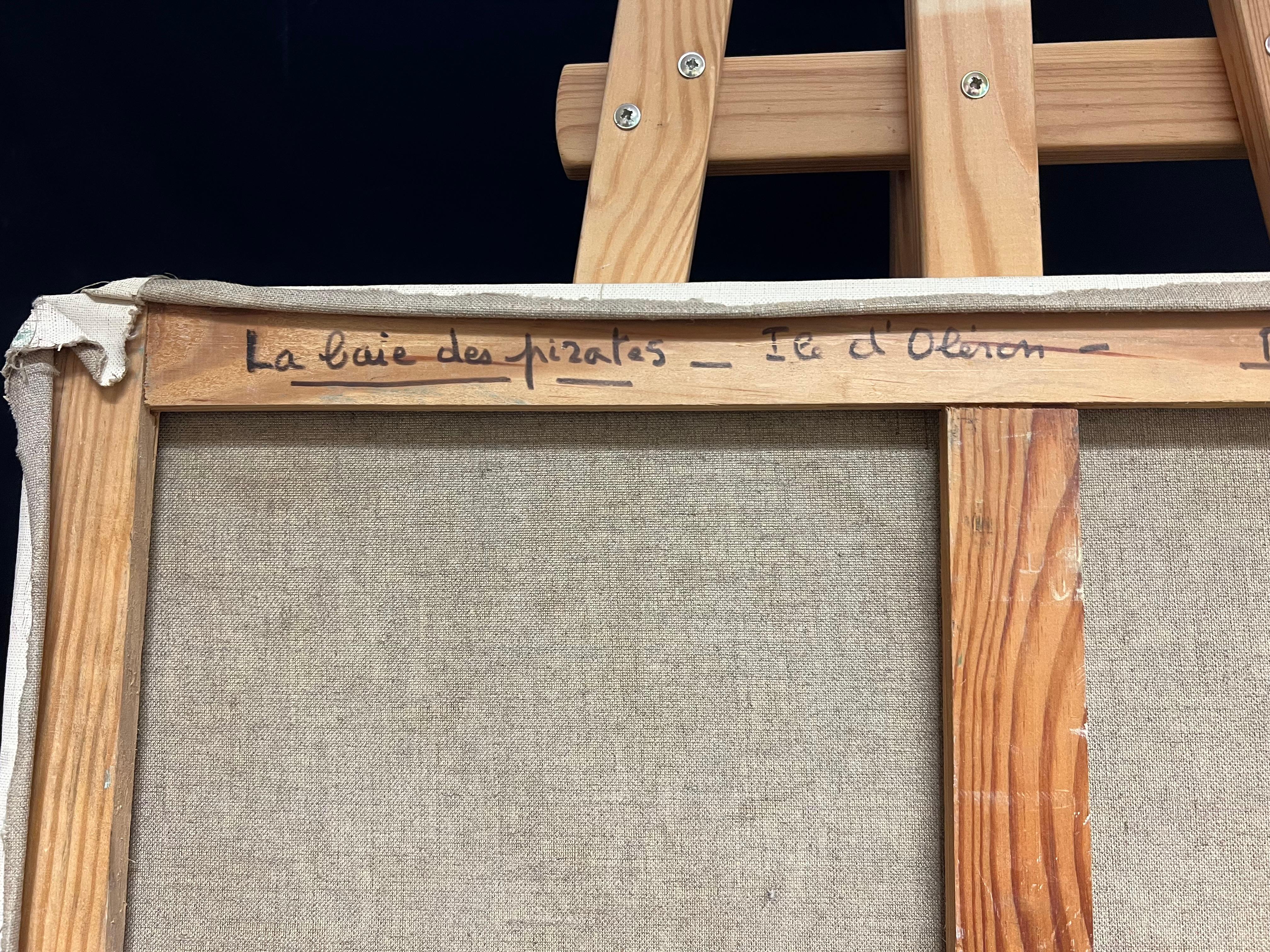 Dramático paisaje marino costero con cielo tormentoso Pintura al óleo de textura expresiva en venta 7