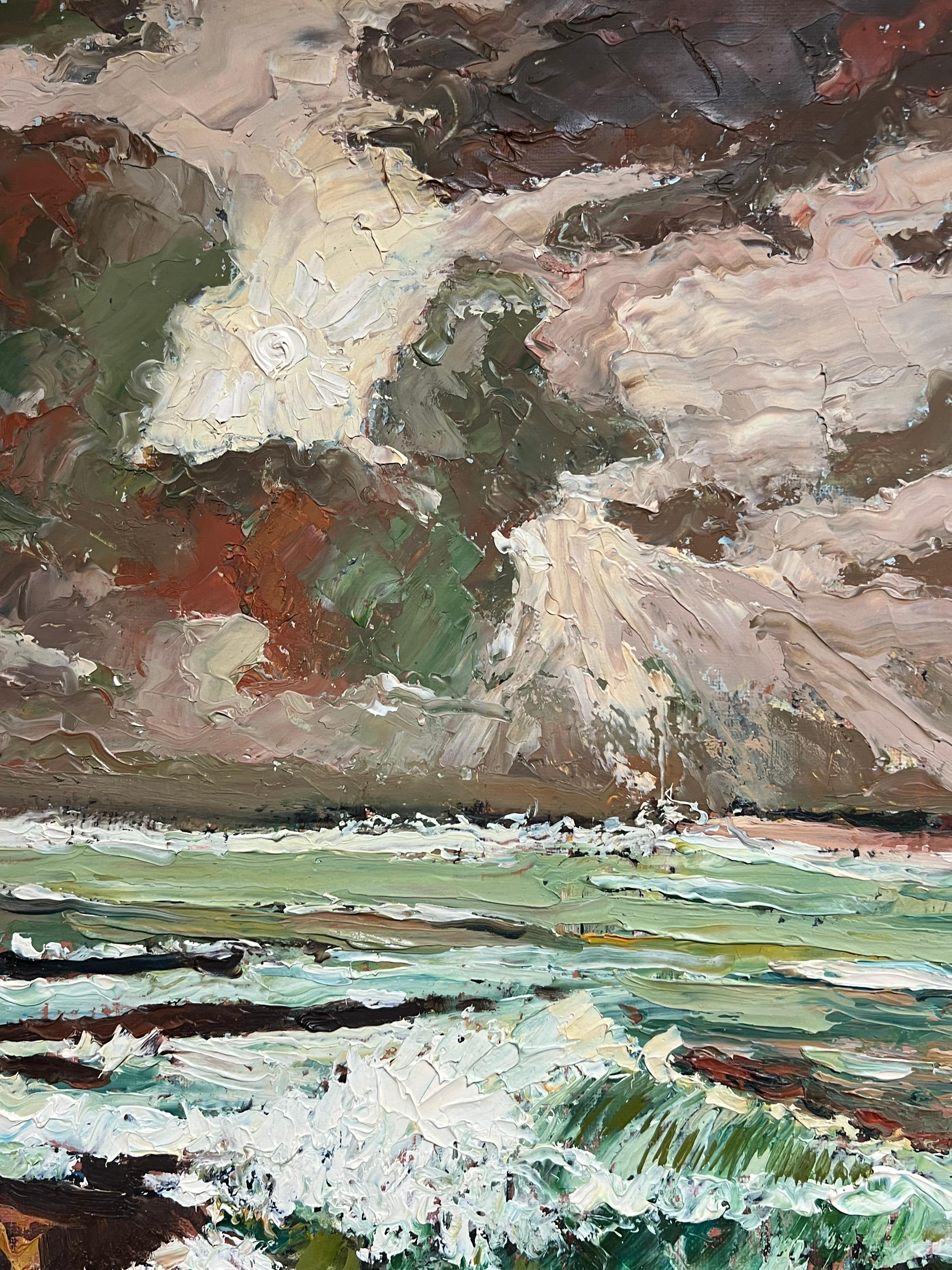 Dramático paisaje marino costero con cielo tormentoso Pintura al óleo de textura expresiva - Abstract Painting Marrón de Georges Bordonove