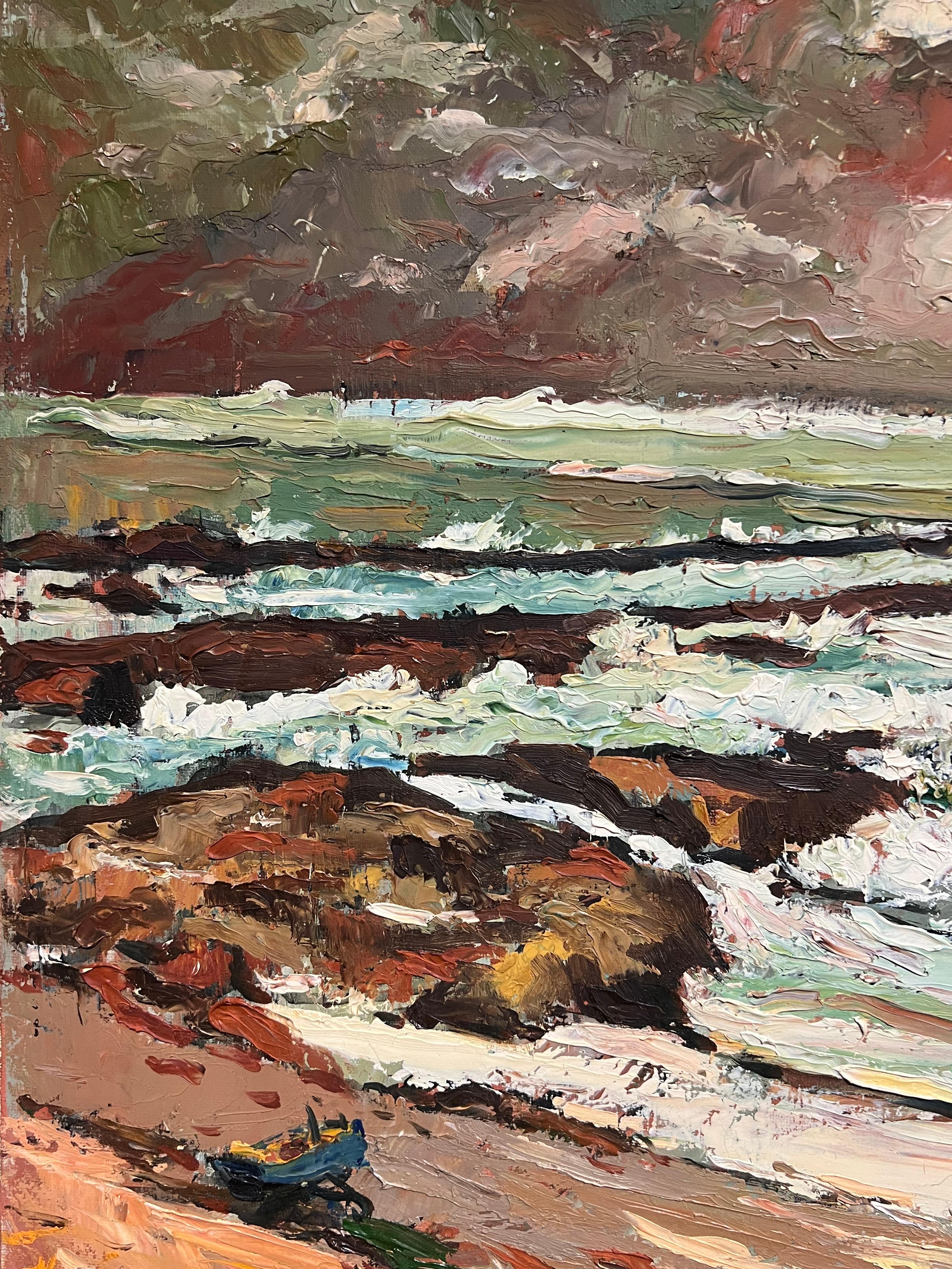 Dramático paisaje marino costero con cielo tormentoso Pintura al óleo de textura expresiva en venta 1