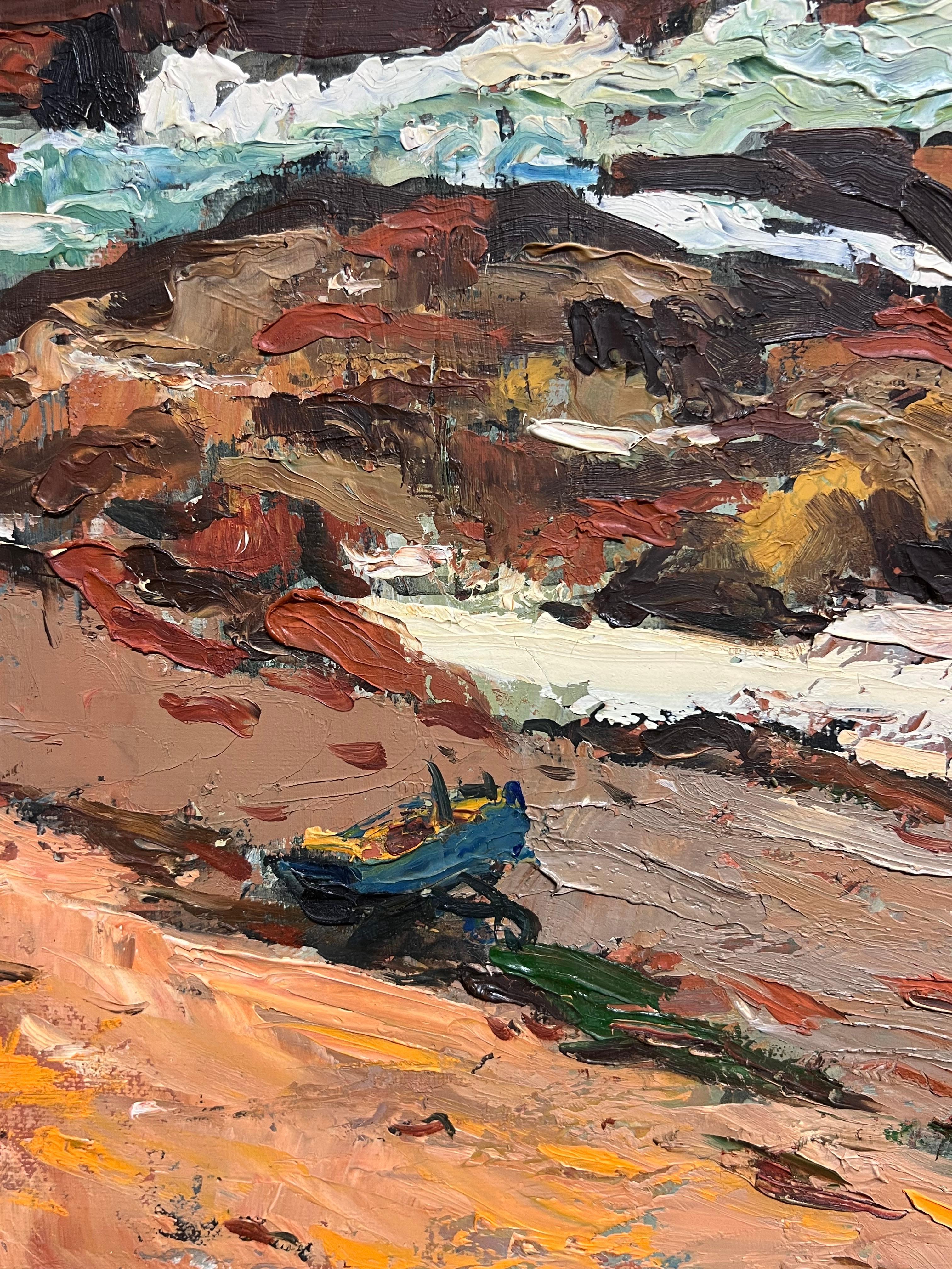 Dramático paisaje marino costero con cielo tormentoso Pintura al óleo de textura expresiva en venta 2
