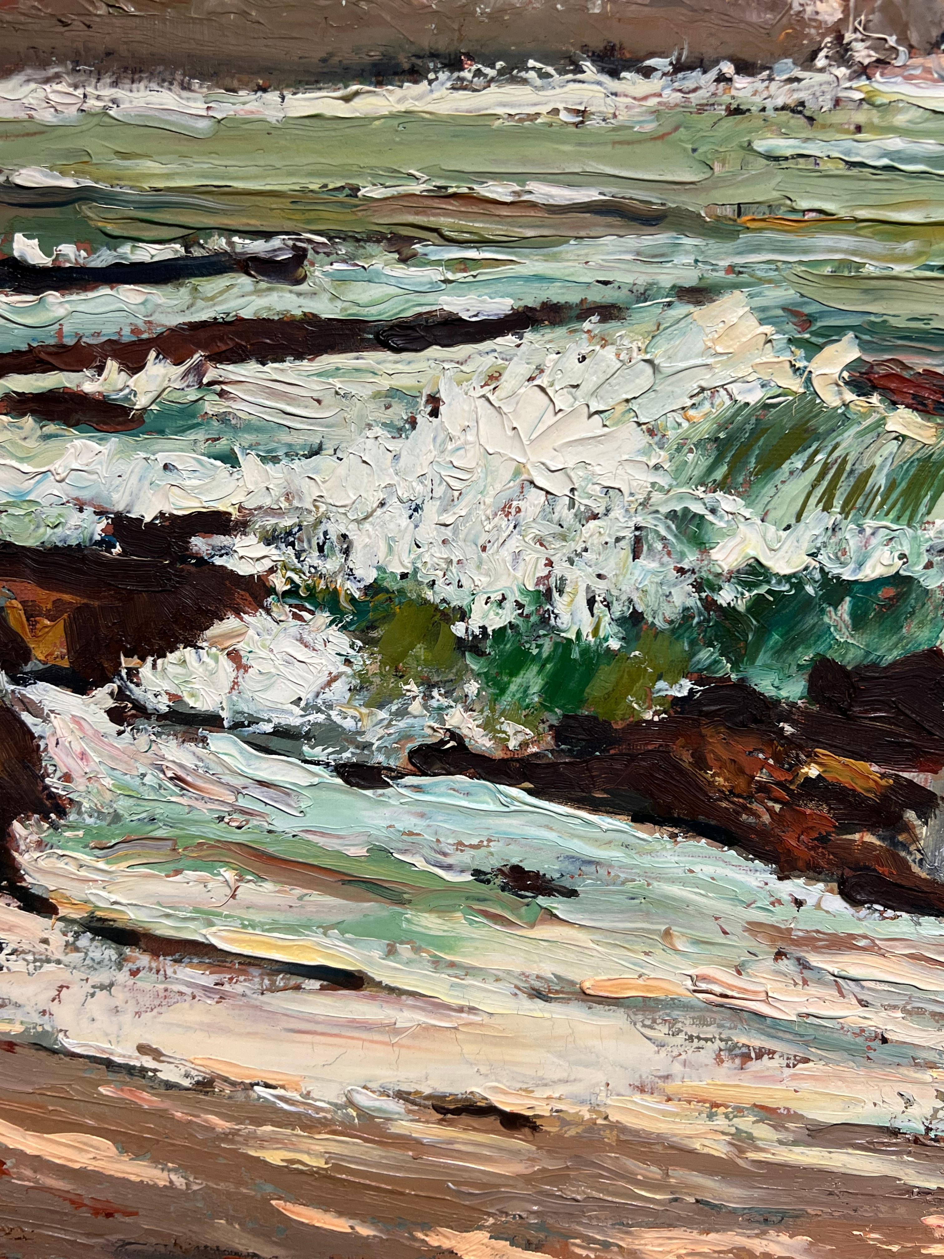 Dramático paisaje marino costero con cielo tormentoso Pintura al óleo de textura expresiva en venta 3