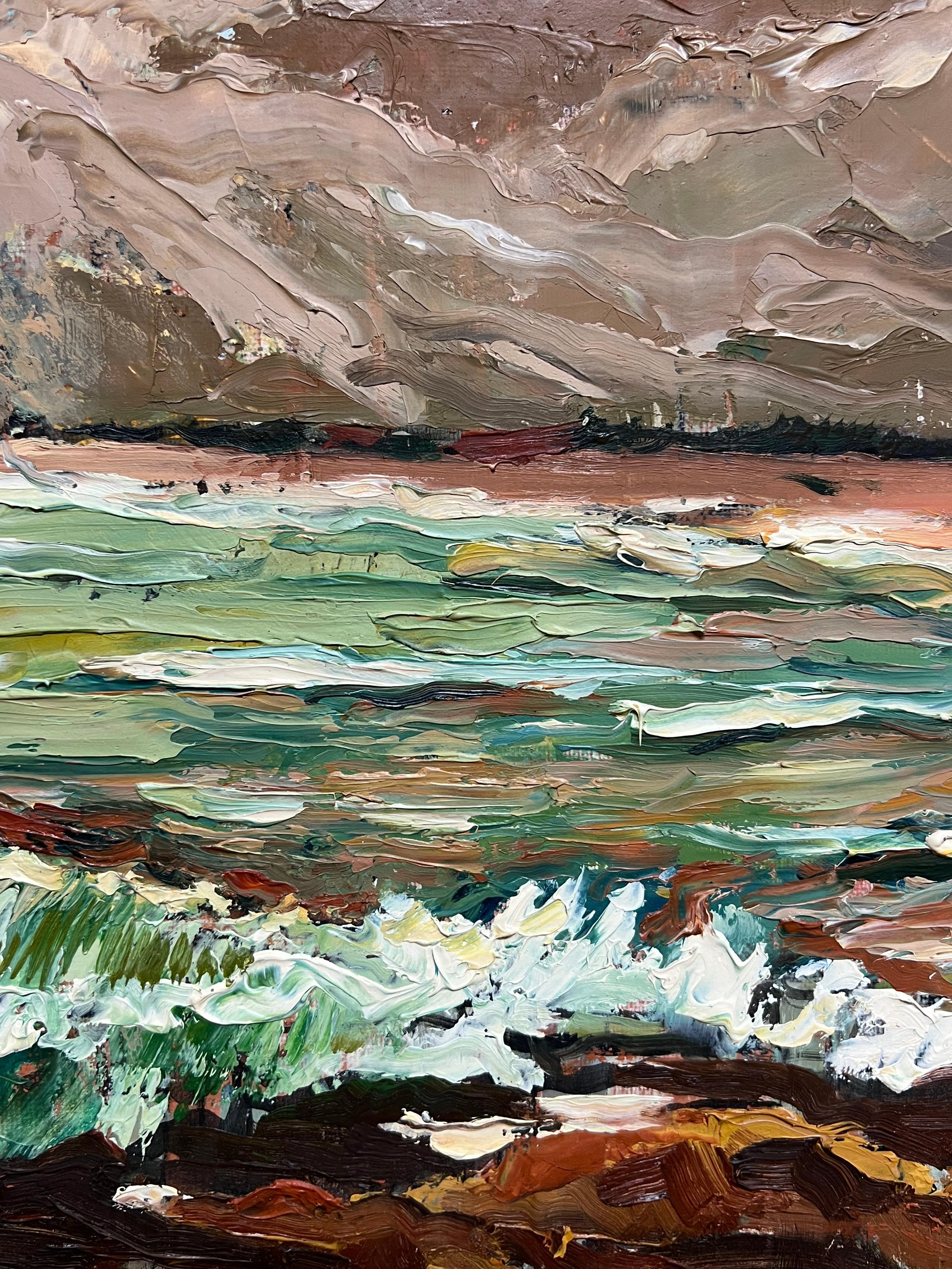 Dramático paisaje marino costero con cielo tormentoso Pintura al óleo de textura expresiva en venta 4