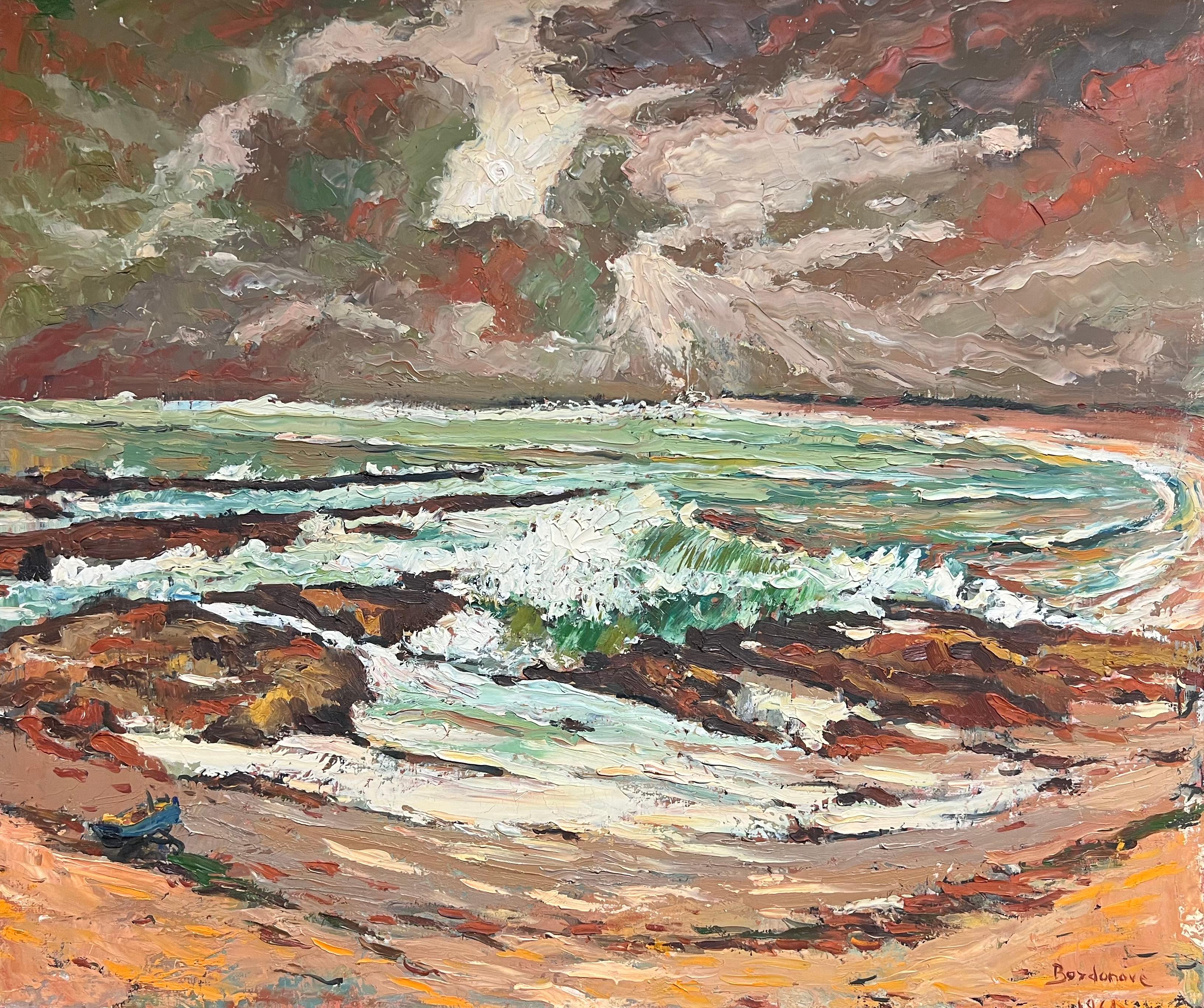 Abstract Painting de Georges Bordonove - Dramático paisaje marino costero con cielo tormentoso Pintura al óleo de textura expresiva
