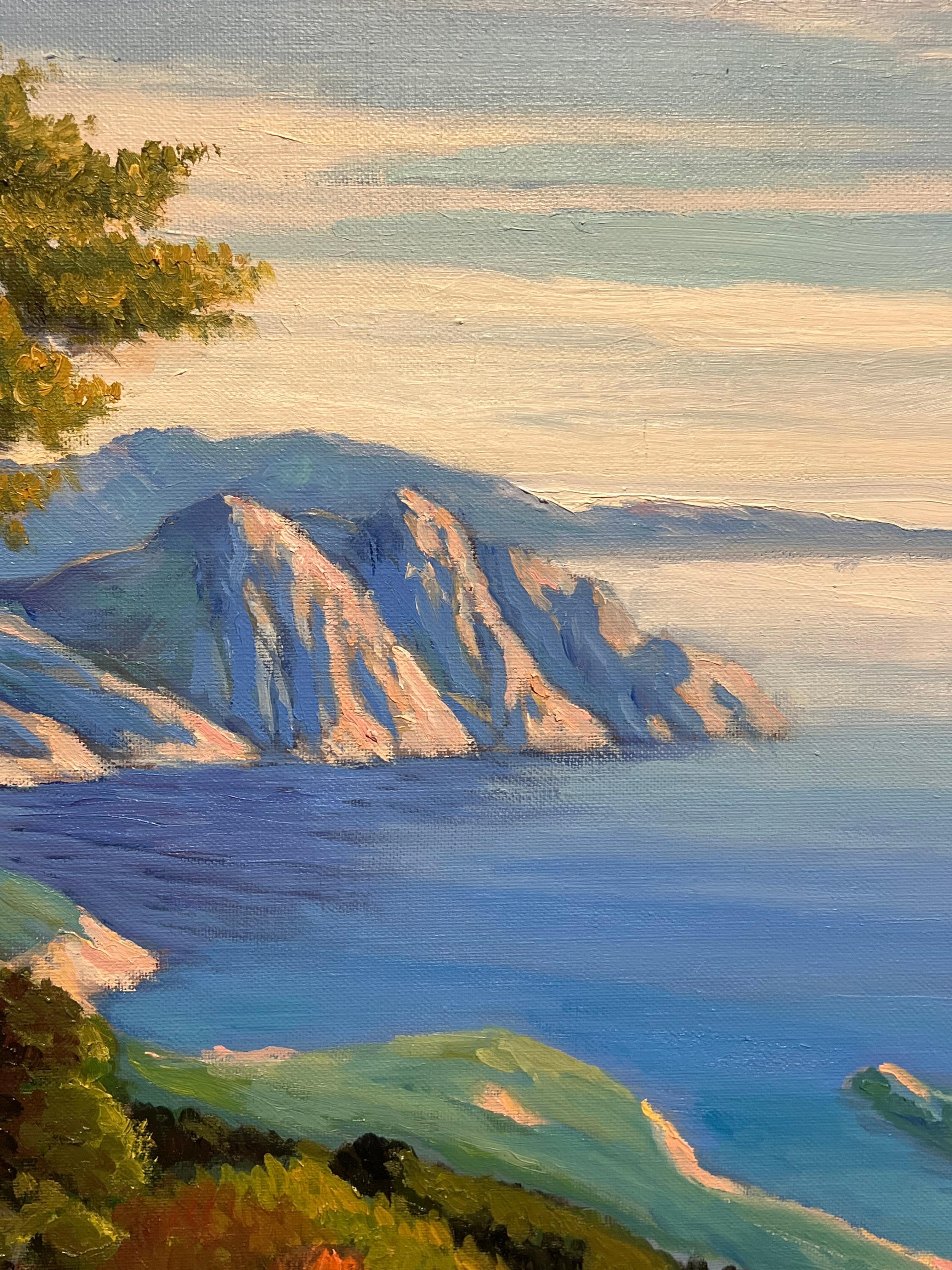 Paesaggio costiero impressionista francese di un albero che si affaccia su una scogliera illuminata dal sole 5