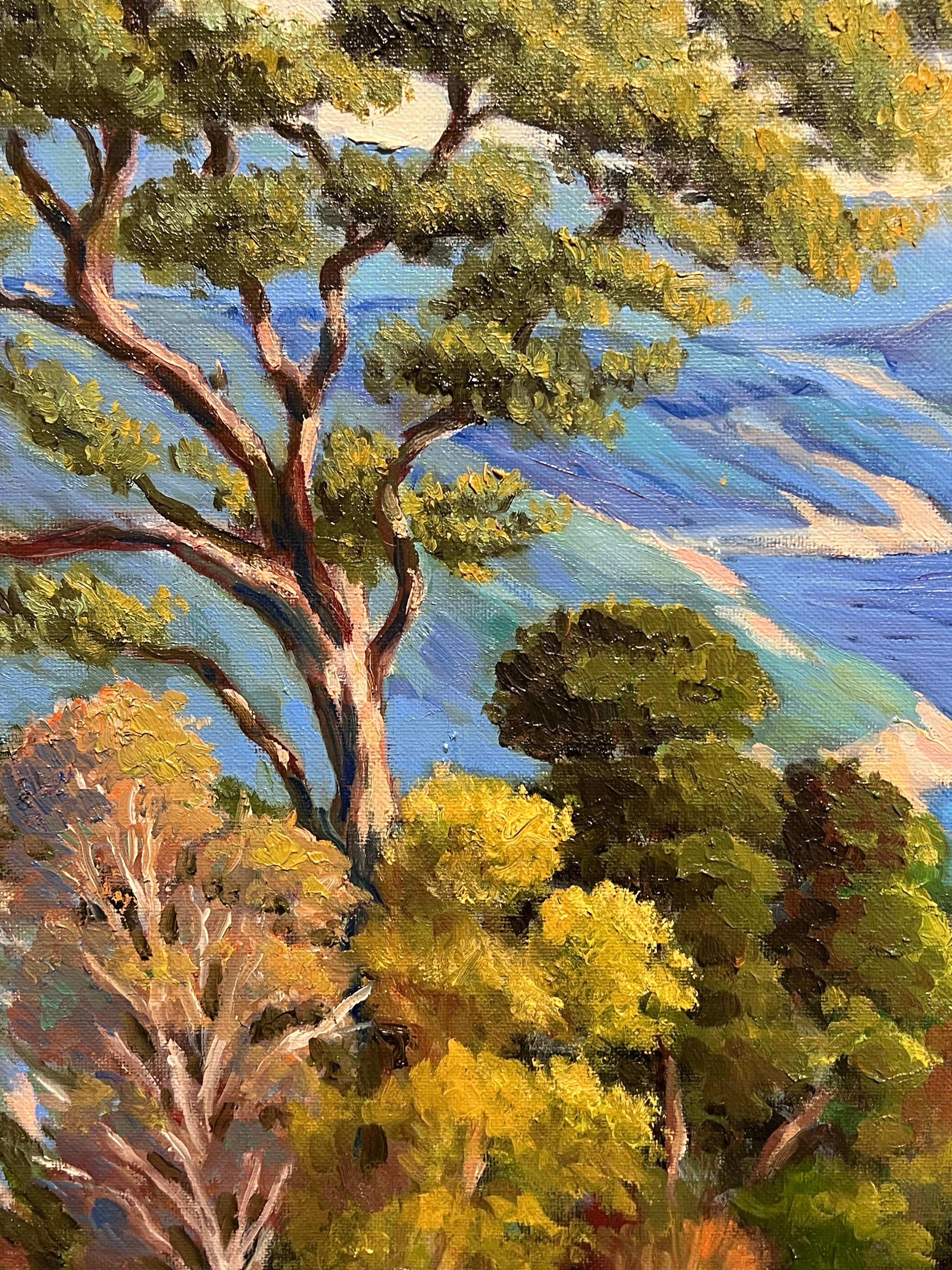 Paesaggio costiero impressionista francese di un albero che si affaccia su una scogliera illuminata dal sole - Painting di Georges Bordonove