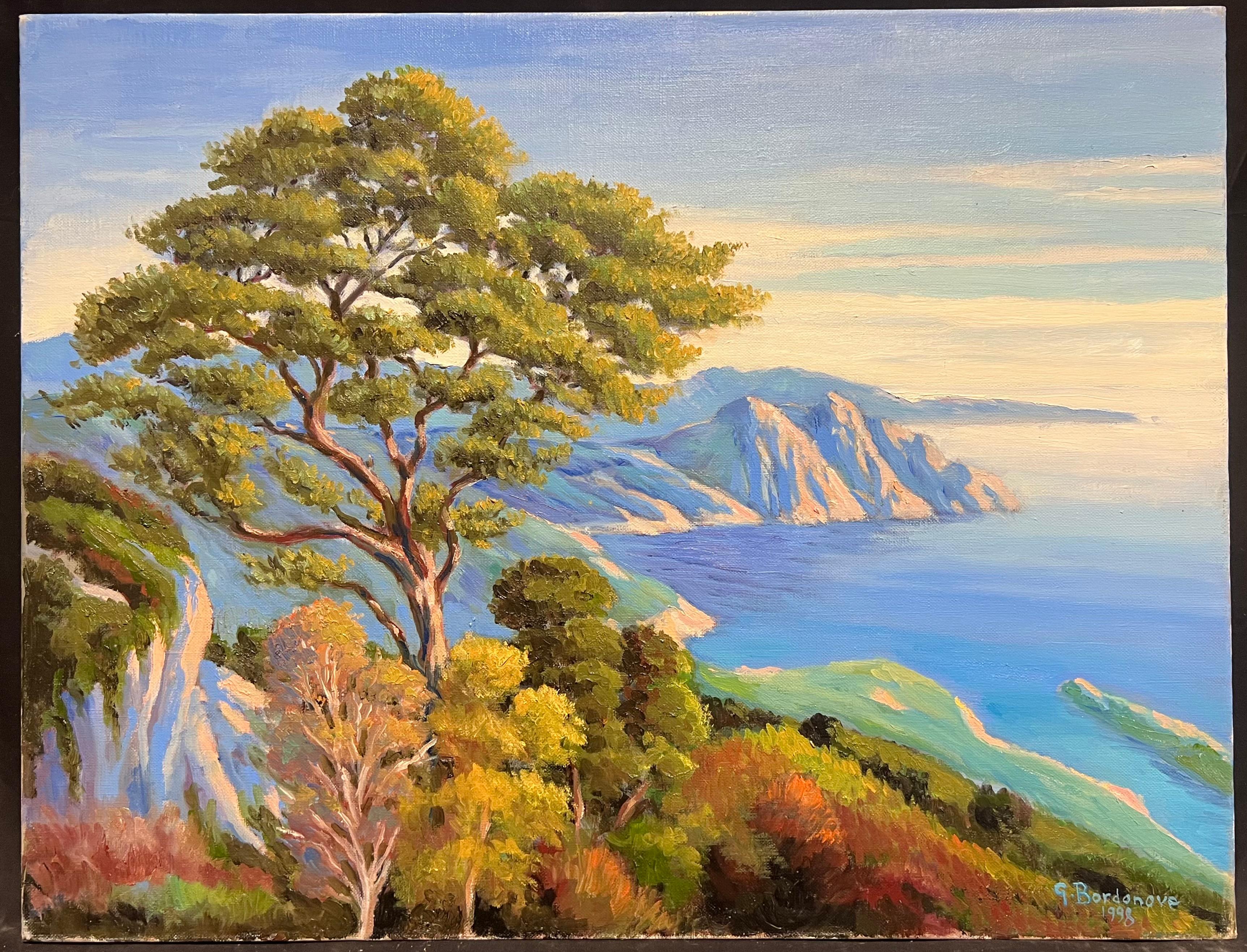 Paesaggio costiero impressionista francese di un albero che si affaccia su una scogliera illuminata dal sole 1