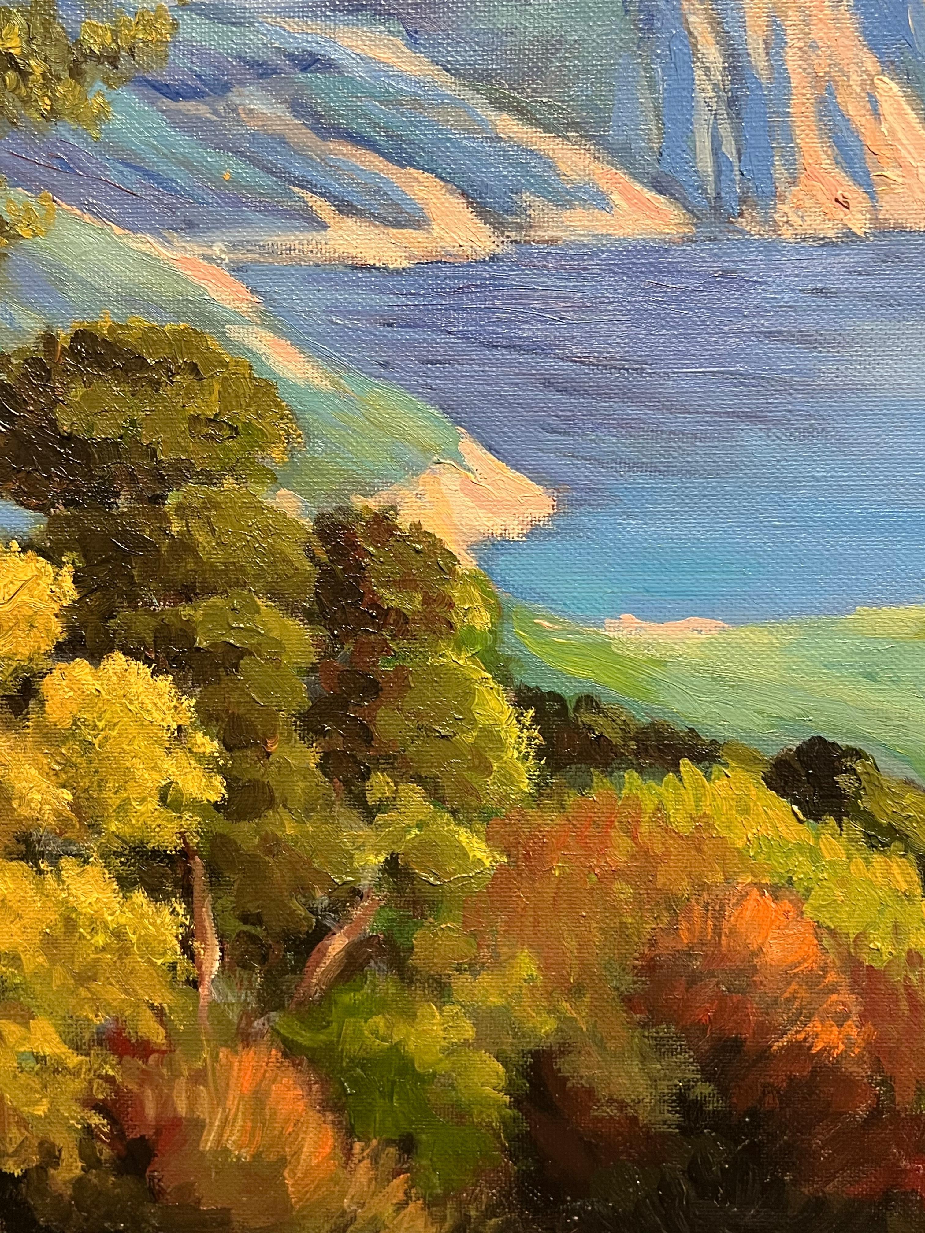 Paesaggio costiero impressionista francese di un albero che si affaccia su una scogliera illuminata dal sole 2
