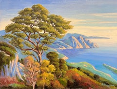 Paysage côtier impressionniste français représentant un arbre au-dessus d'un Cliffside ensoleillé