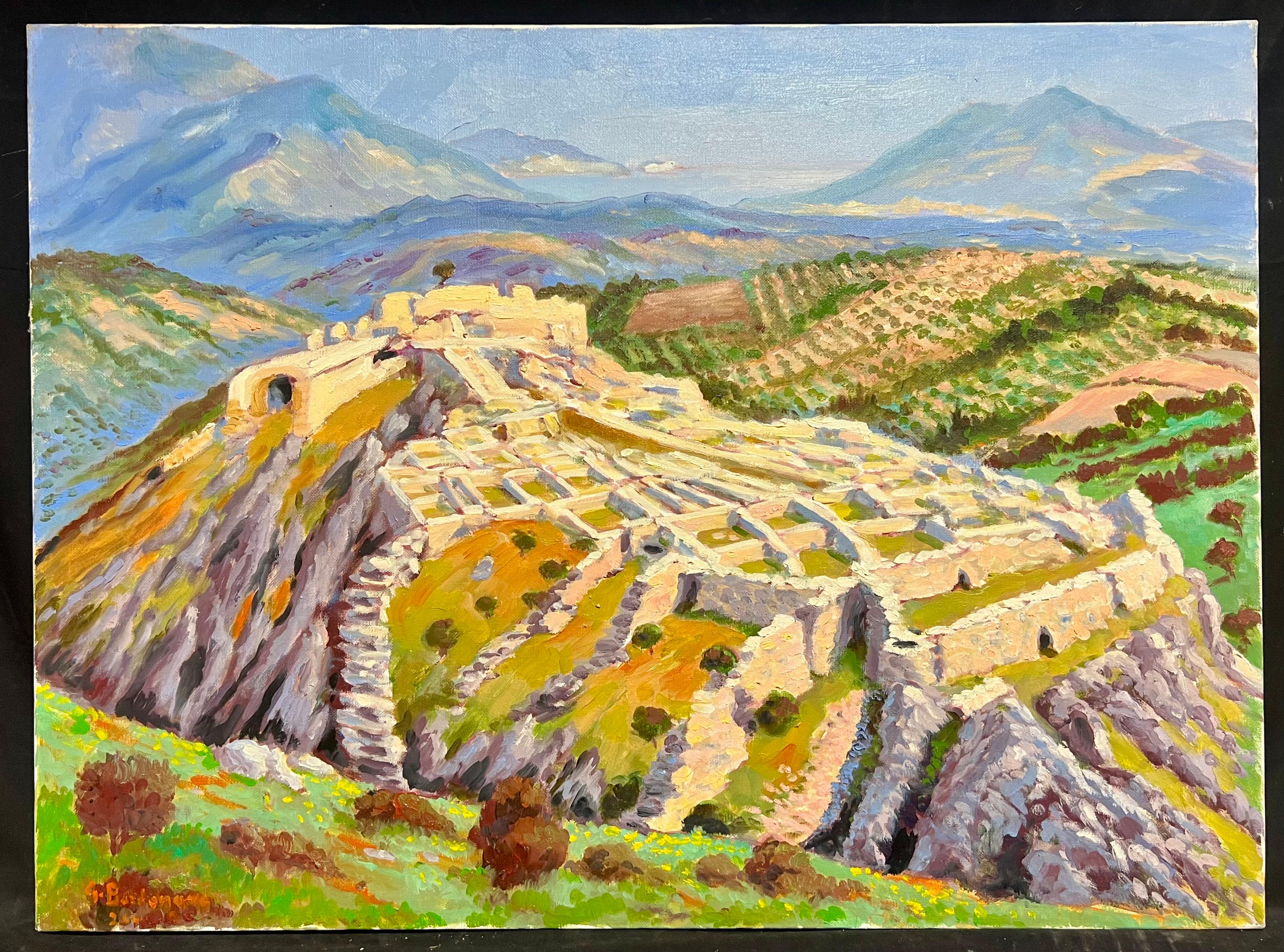 Impressionista francese Fortezza storica in mezzo a campi verdi e ondulati Pittura a olio - Painting di Georges Bordonove