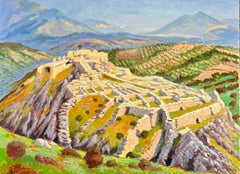 Impressionista francese Fortezza storica in mezzo a campi verdi e ondulati Pittura a olio
