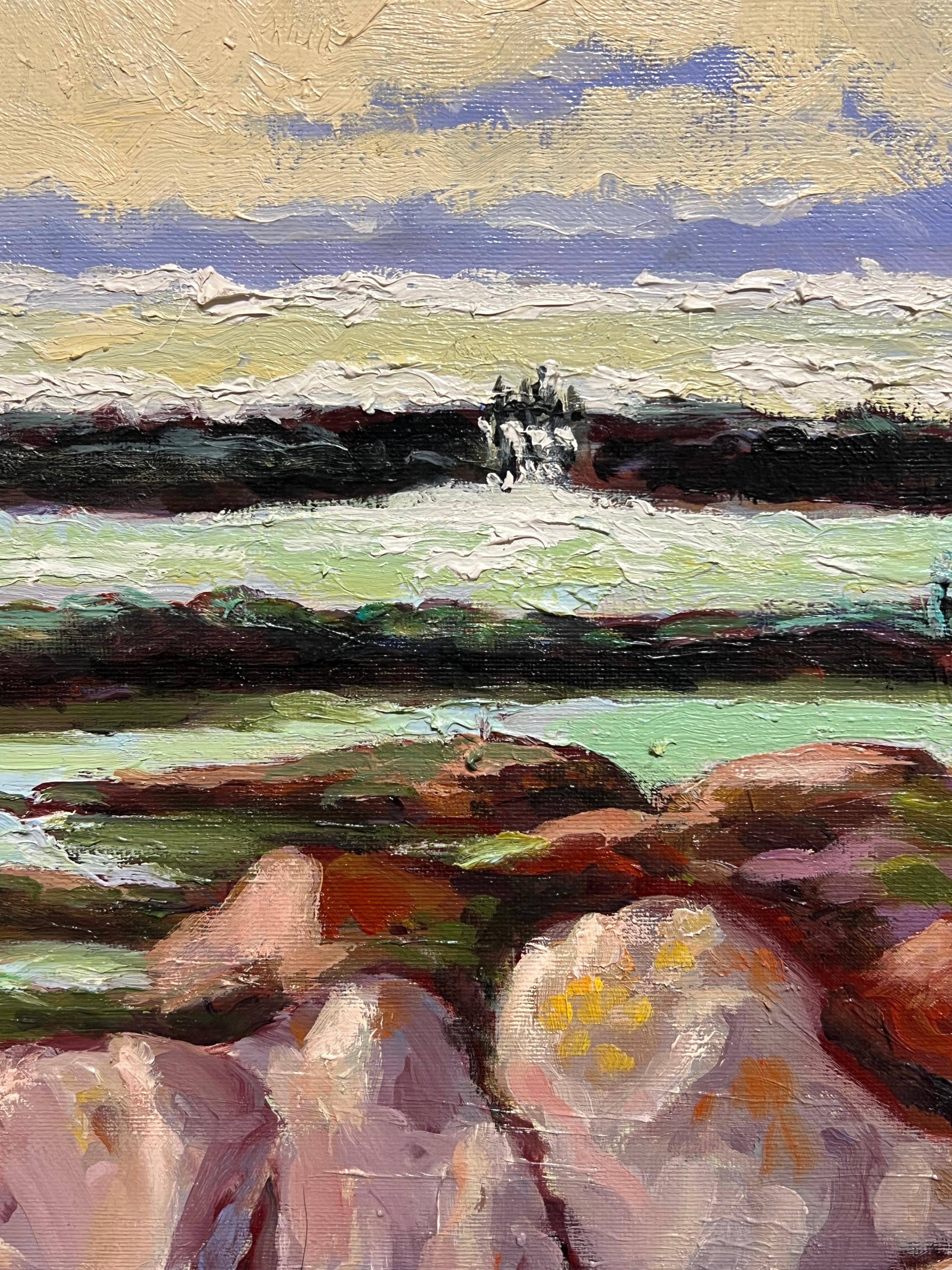 Französisches impressionistisches Leuchtturm mit Blick auf Felsen, Shoreline, Ölgemälde – Painting von Georges Bordonove