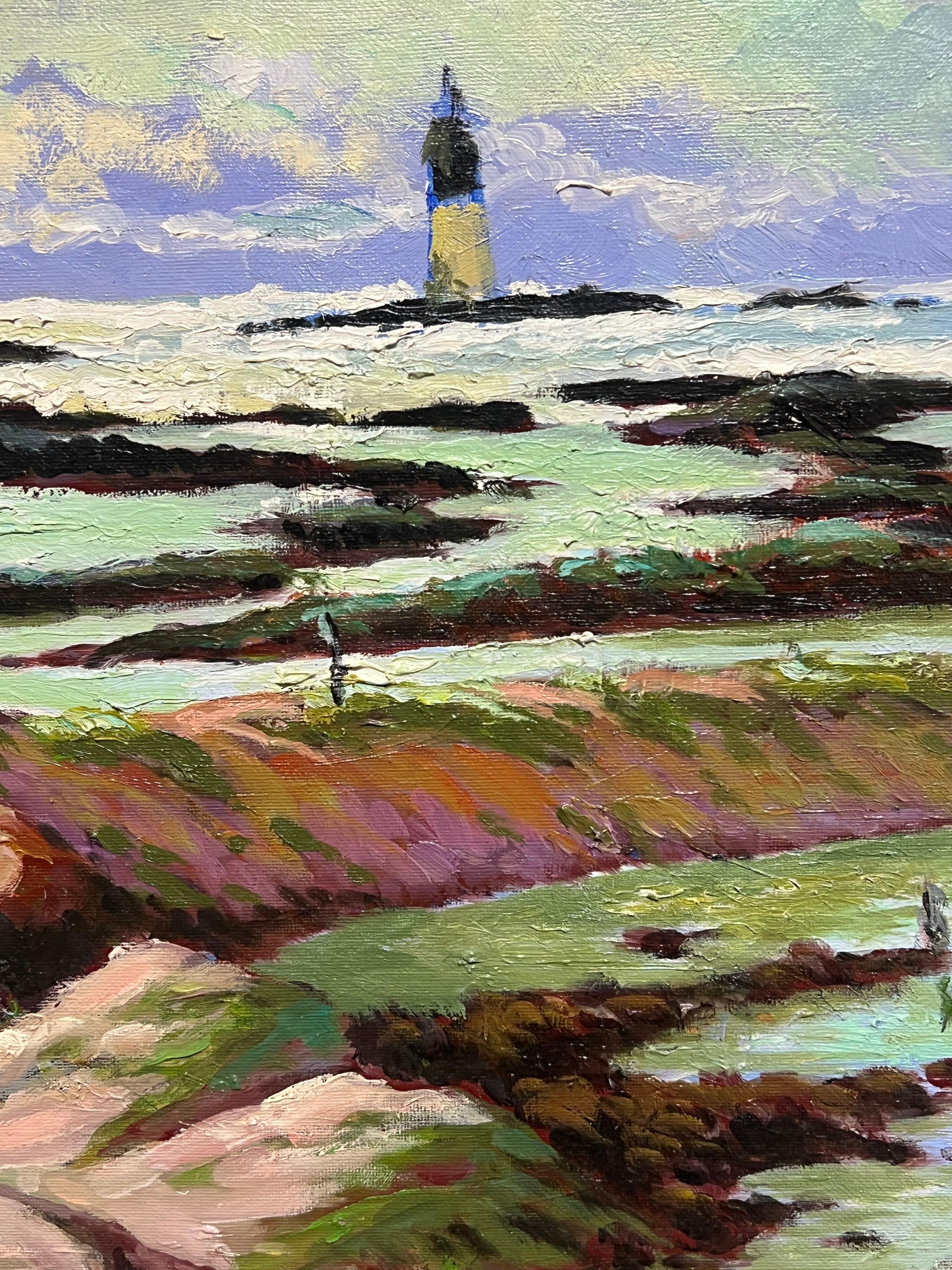 Französisches impressionistisches Leuchtturm mit Blick auf Felsen, Shoreline, Ölgemälde (Impressionismus), Painting, von Georges Bordonove