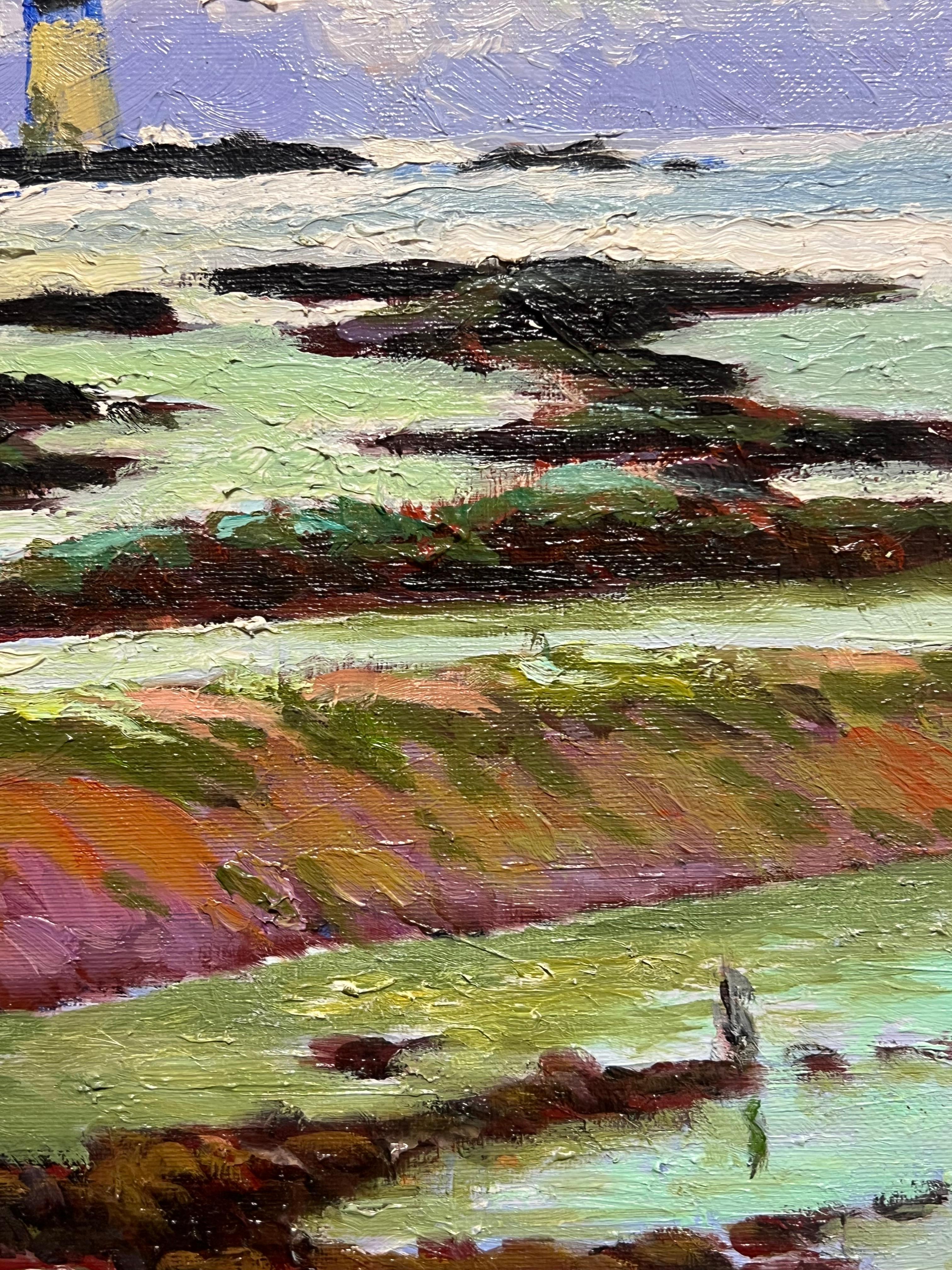 Französisches impressionistisches Leuchtturm mit Blick auf Felsen, Shoreline, Ölgemälde im Angebot 2