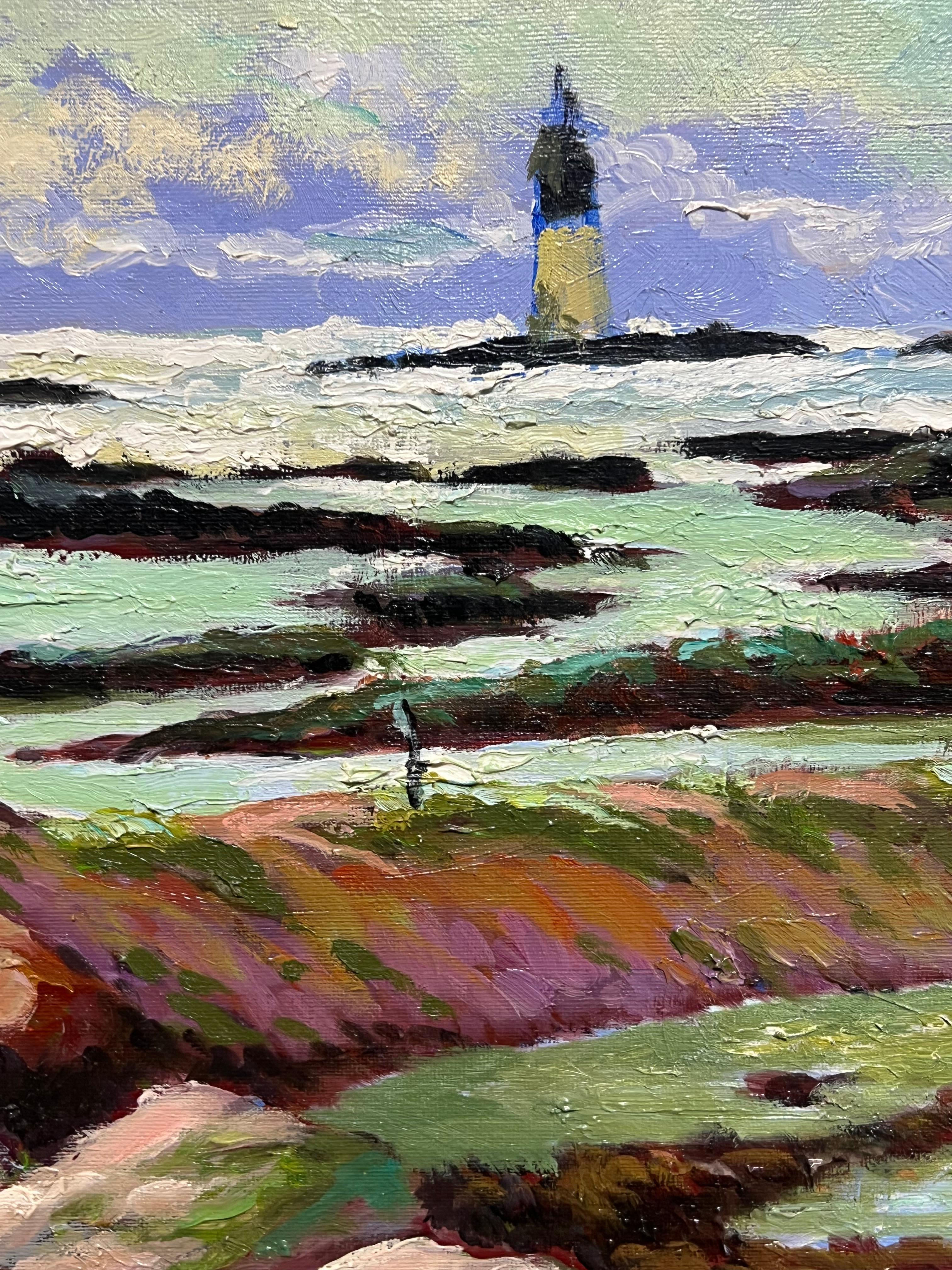 Französisches impressionistisches Leuchtturm mit Blick auf Felsen, Shoreline, Ölgemälde im Angebot 3