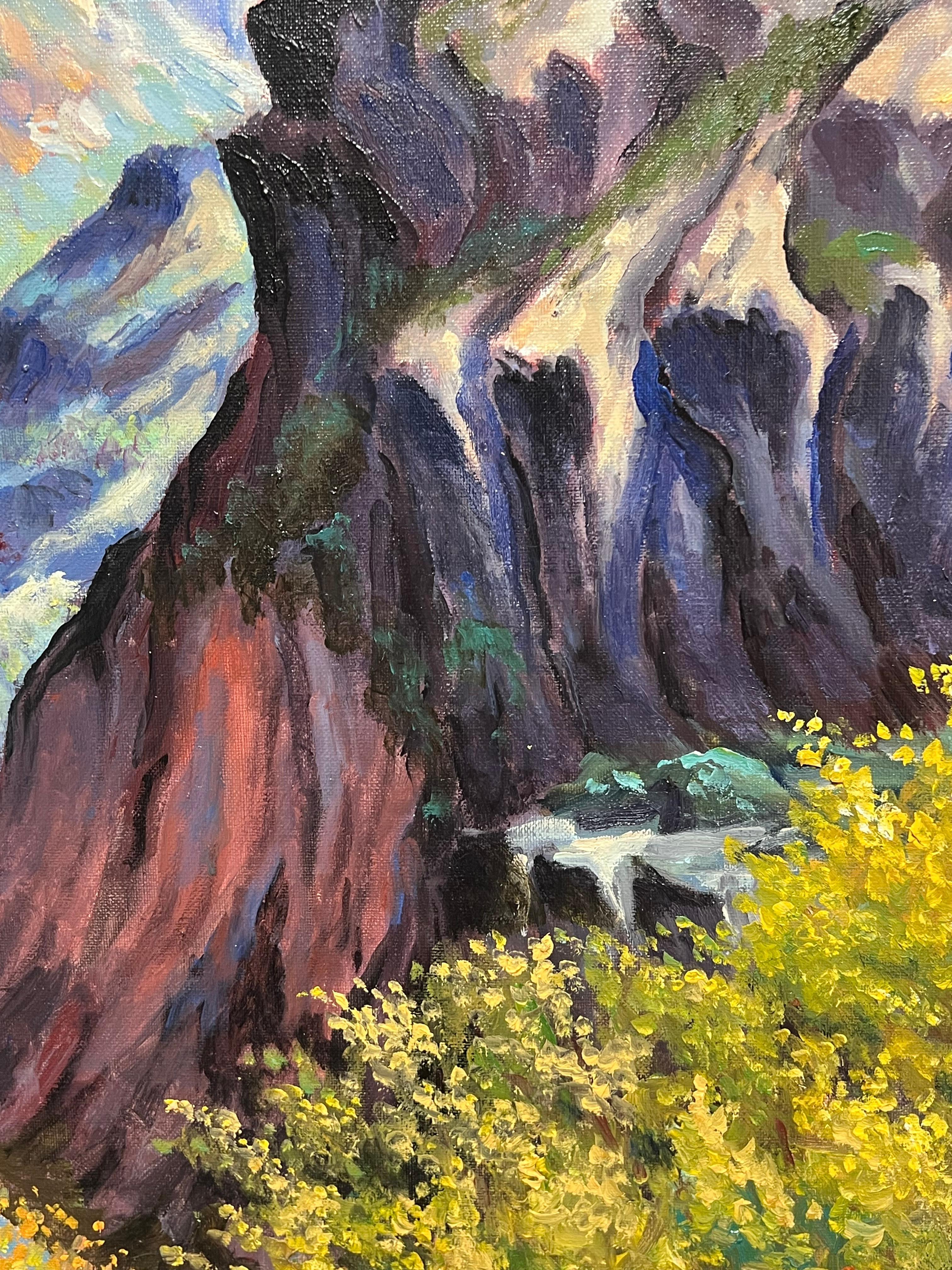 Pittura ad olio impressionista francese Cime torreggianti e valle luminosa e colorata in vendita 5