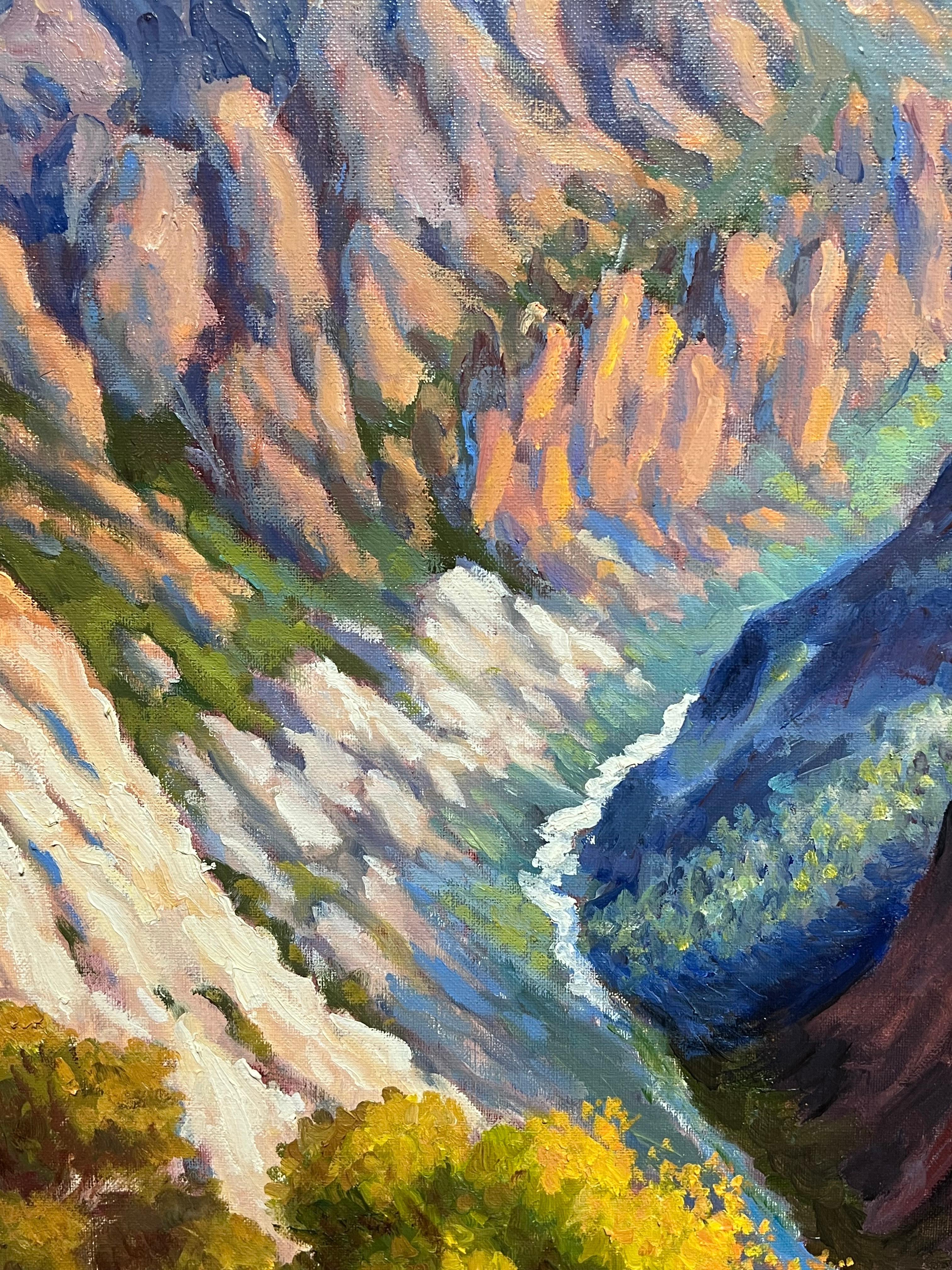 Pittura ad olio impressionista francese Cime torreggianti e valle luminosa e colorata in vendita 6