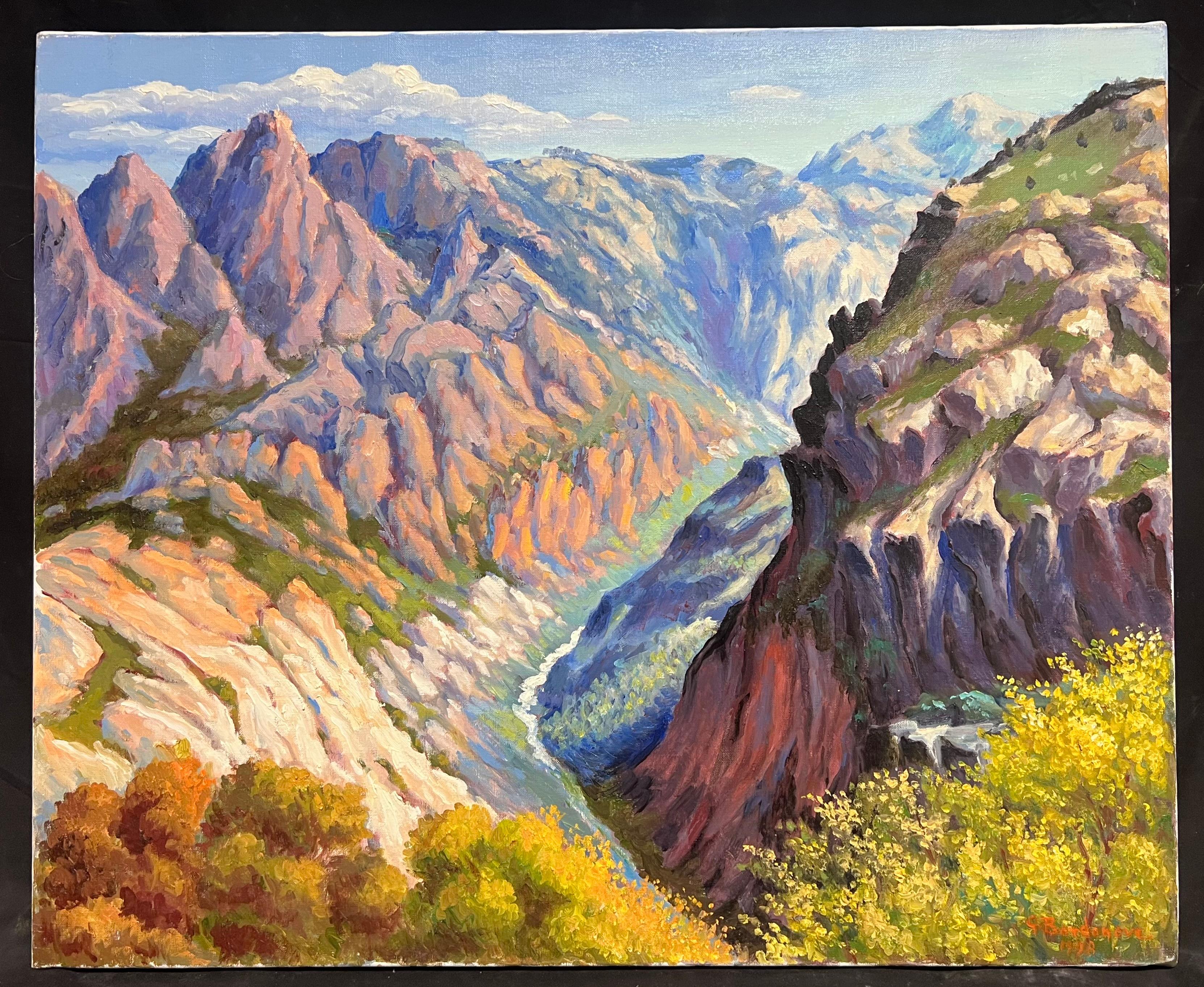 Pittura ad olio impressionista francese Cime torreggianti e valle luminosa e colorata - Painting di Georges Bordonove