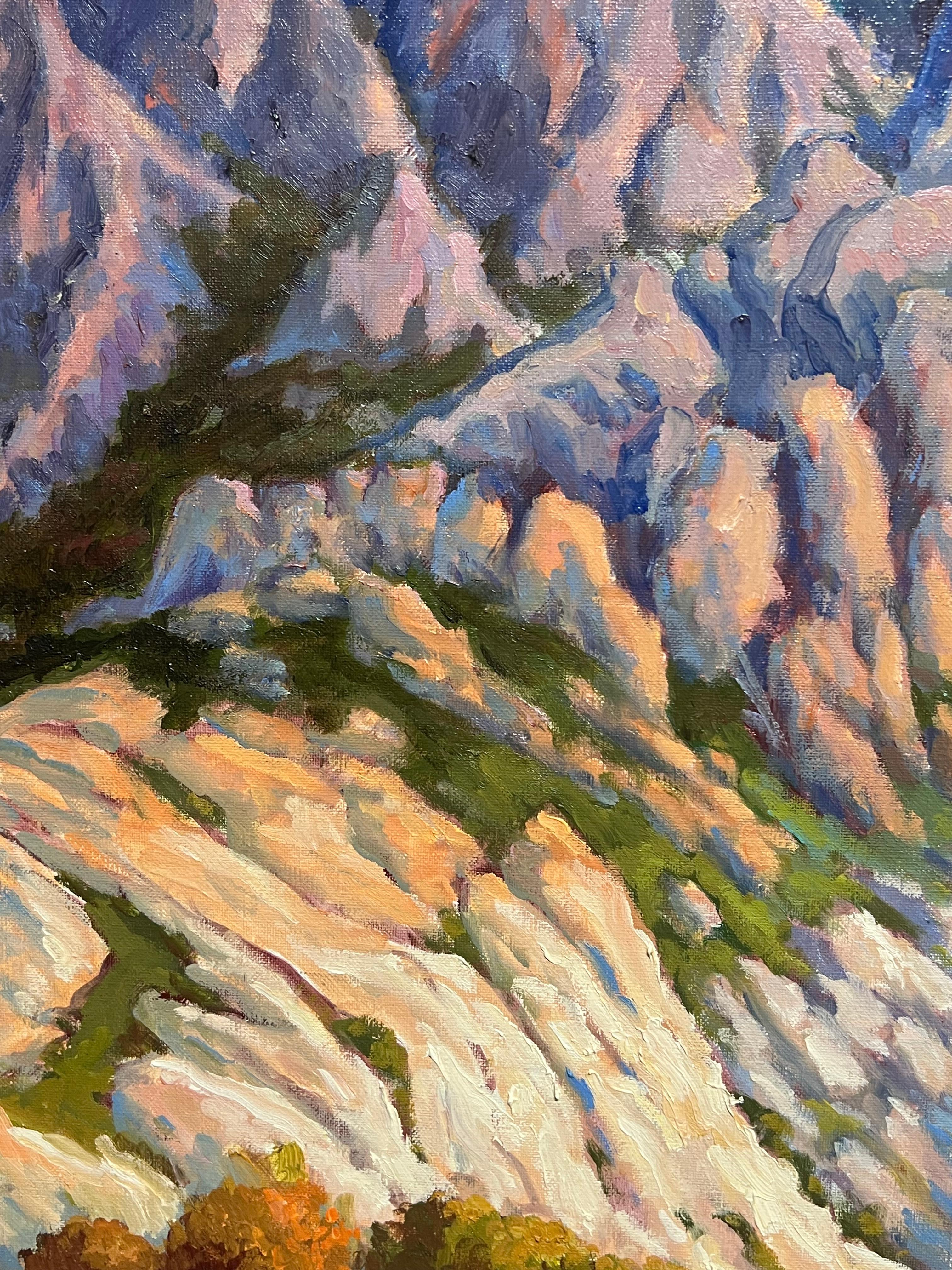 Pittura ad olio impressionista francese Cime torreggianti e valle luminosa e colorata - Painting Impressionismo di Georges Bordonove