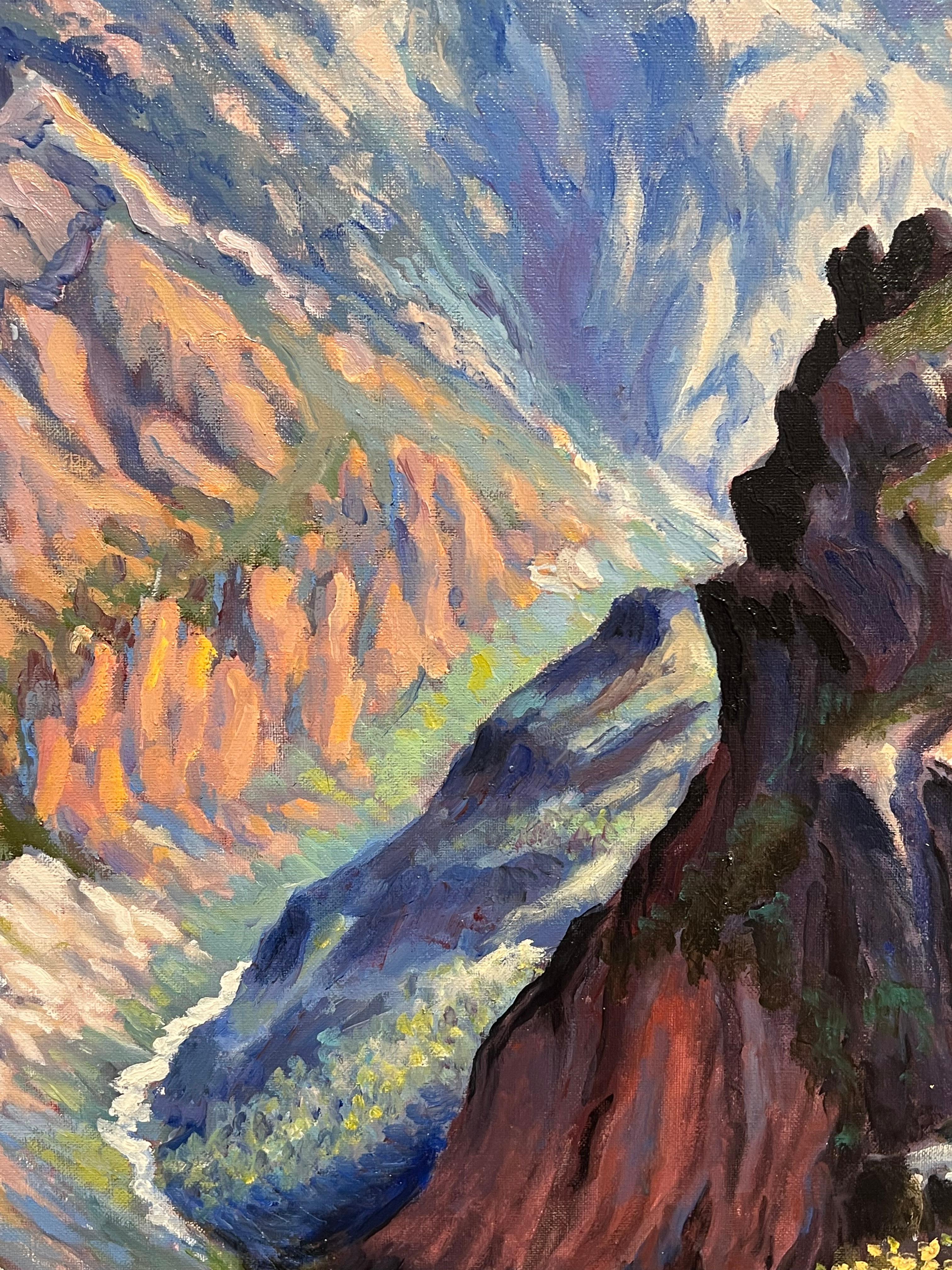 Pittura ad olio impressionista francese Cime torreggianti e valle luminosa e colorata - Landscape Painting Marrone di Georges Bordonove