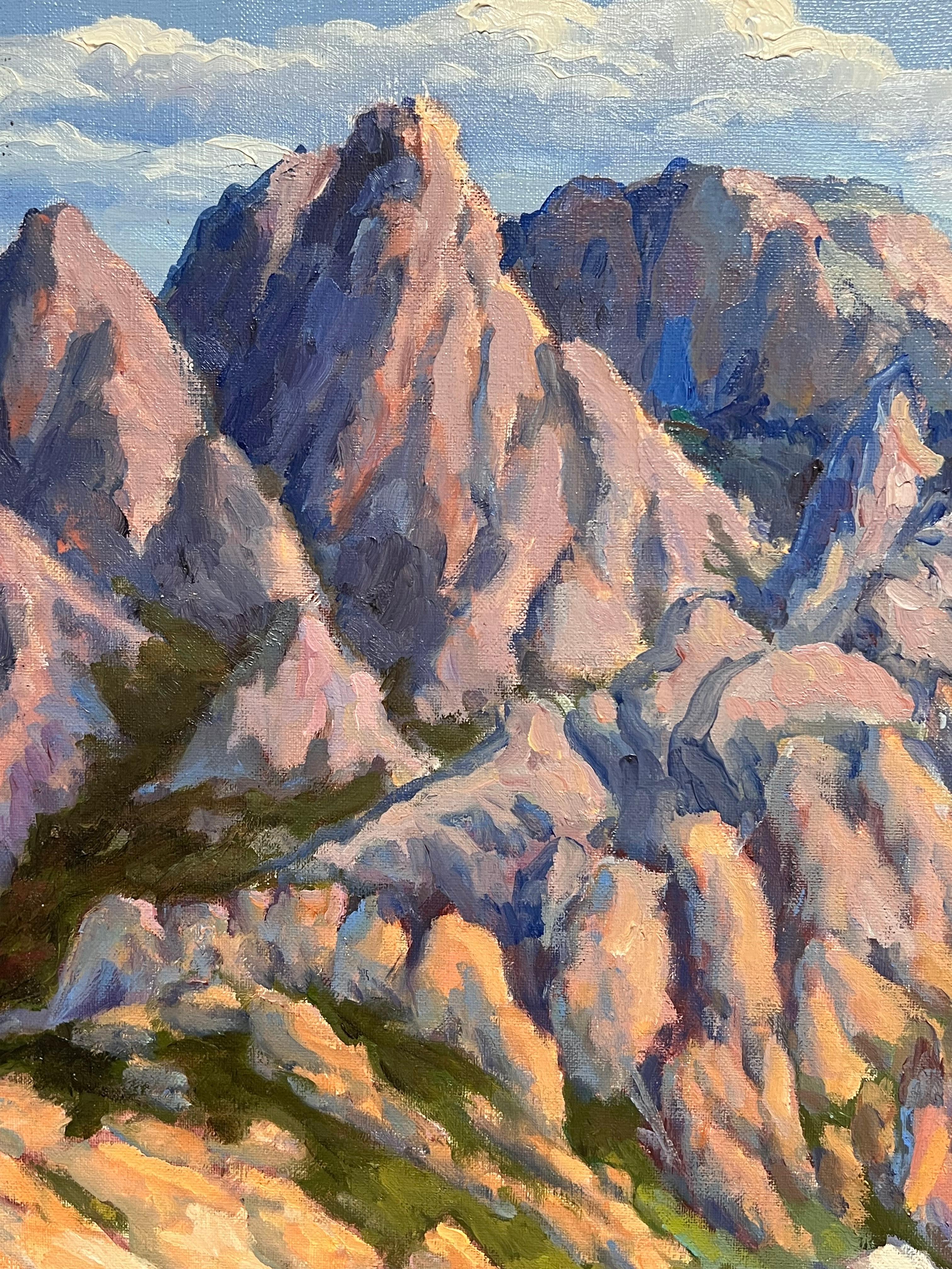 Pittura ad olio impressionista francese Cime torreggianti e valle luminosa e colorata in vendita 1