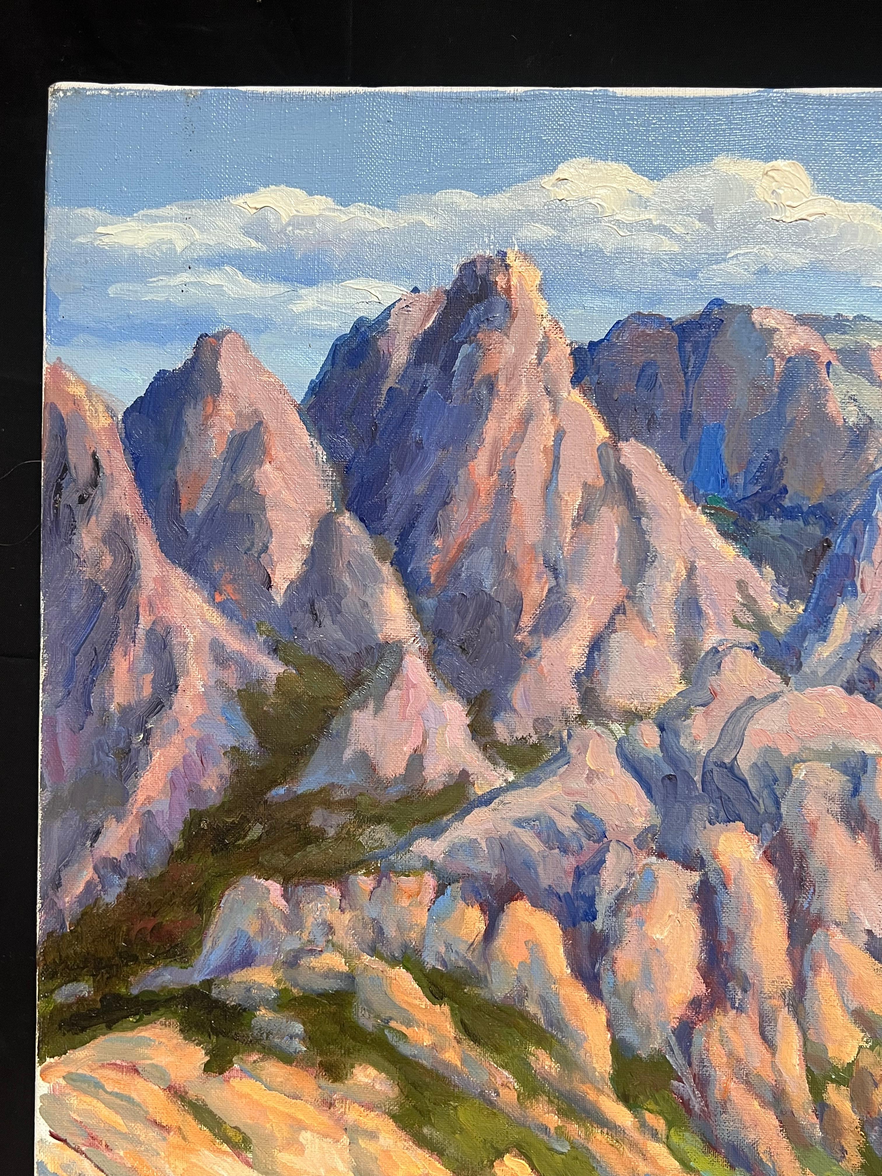 Pittura ad olio impressionista francese Cime torreggianti e valle luminosa e colorata in vendita 2