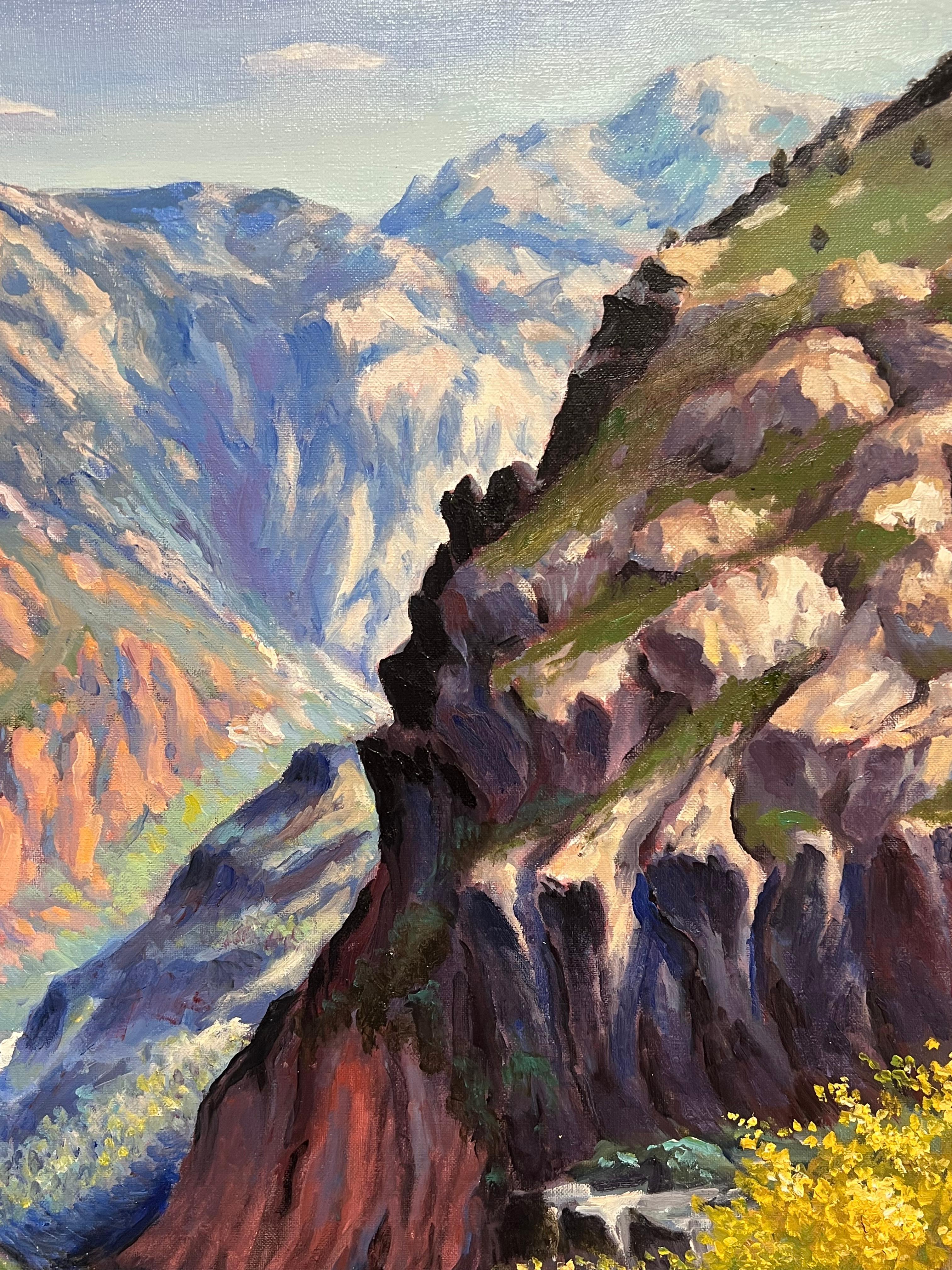 Pittura ad olio impressionista francese Cime torreggianti e valle luminosa e colorata in vendita 3