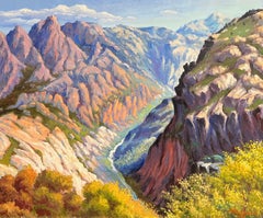 Pittura ad olio impressionista francese Cime torreggianti e valle luminosa e colorata