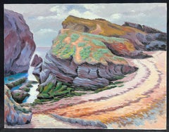 Peinture à l'huile impressionniste française représentant un chemin côtier avec de majestueux Cliffs