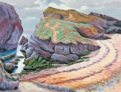 Vintage French Impressionist Oil Painting Coastal Path with Majestic Cliffs