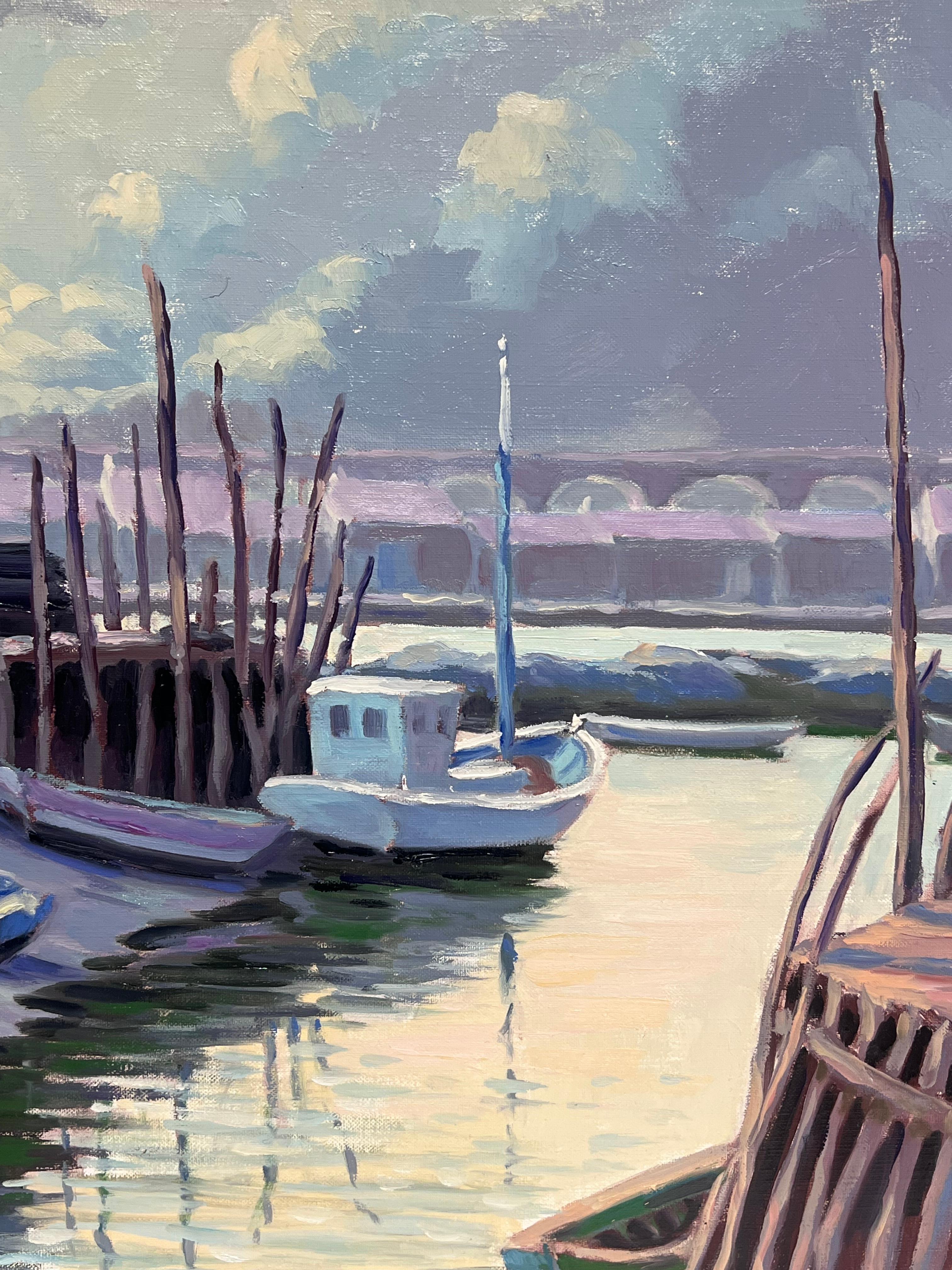 Muelle rústico 
firmado por Georges Bordonave (contemporáneo francés)
de 1993
pintura al óleo sobre lienzo, sin enmarcar
lienzo: 20 x 25 pulgadas
estado: muy bueno
Procedencia: de una gran colección privada de obras de este artista, oeste de París,