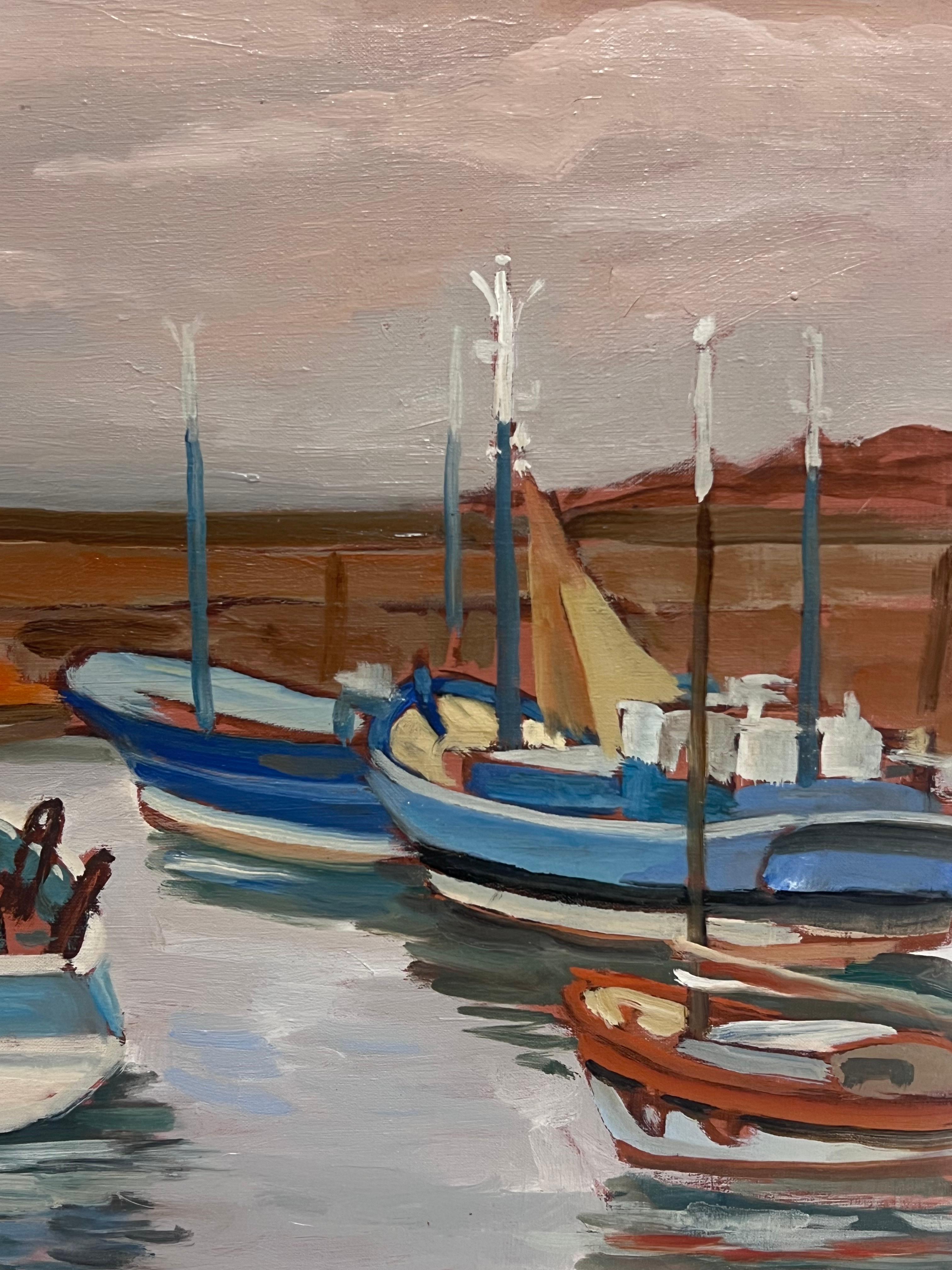 French Impressionist Oil Painting Gloomy Morning Among Fishing Boat Harbour - Gray Landscape Painting by Georges Bordonove