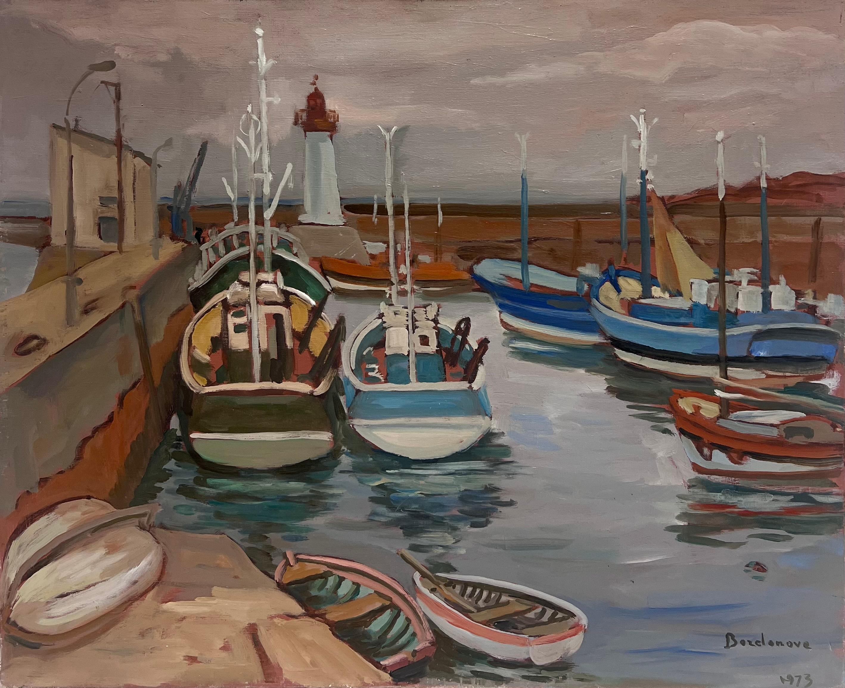 French Impressionist Oil Painting Gloomy Morning Among Fishing Boat Harbour For Sale 1