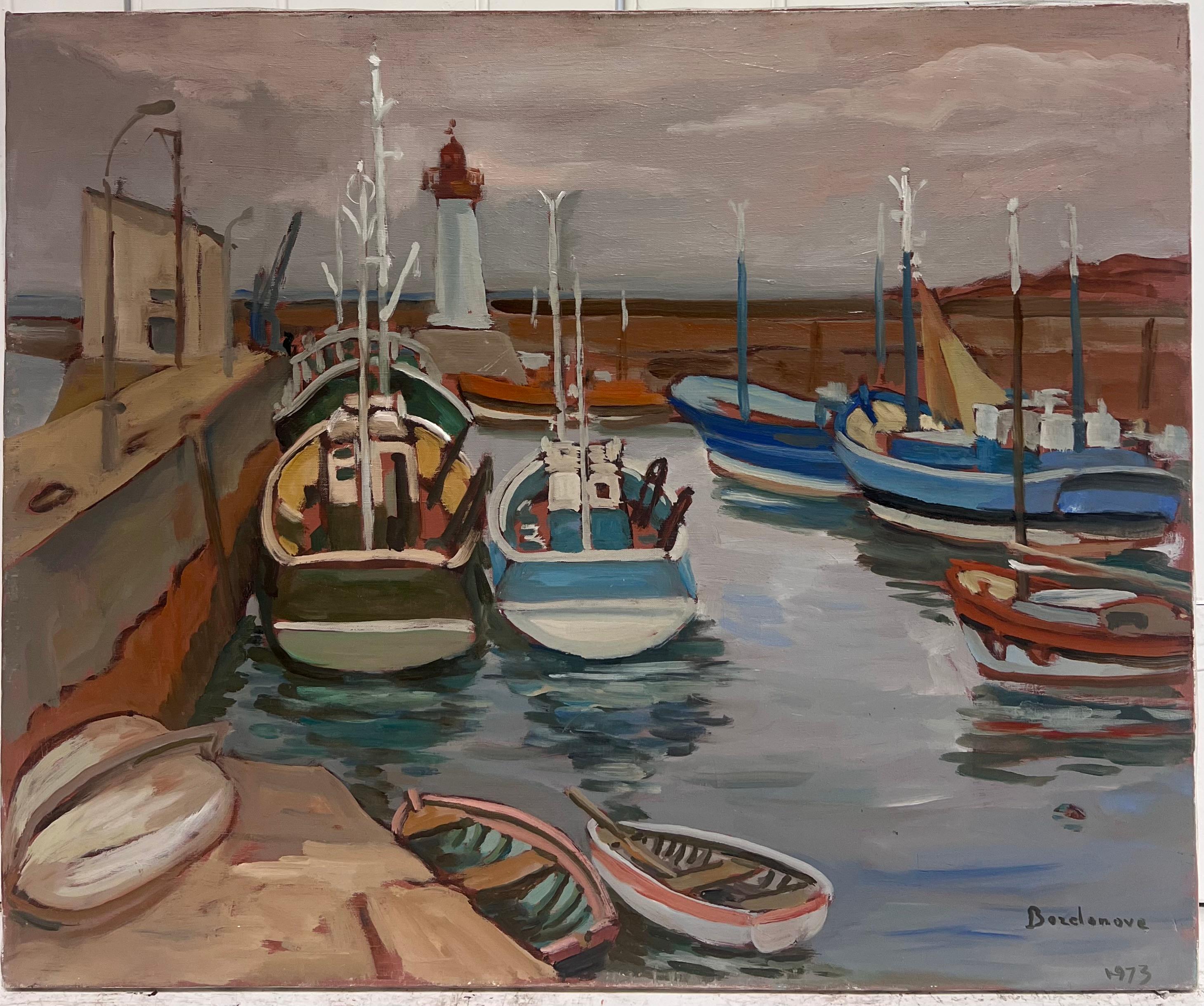French Impressionist Oil Painting Gloomy Morning Among Fishing Boat Harbour For Sale 2