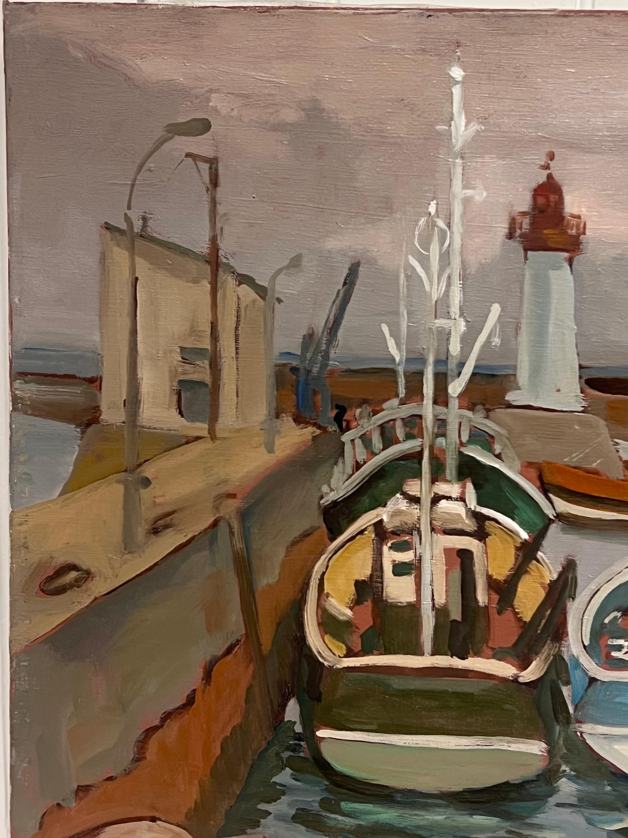 French Impressionist Oil Painting Gloomy Morning Among Fishing Boat Harbour For Sale 3