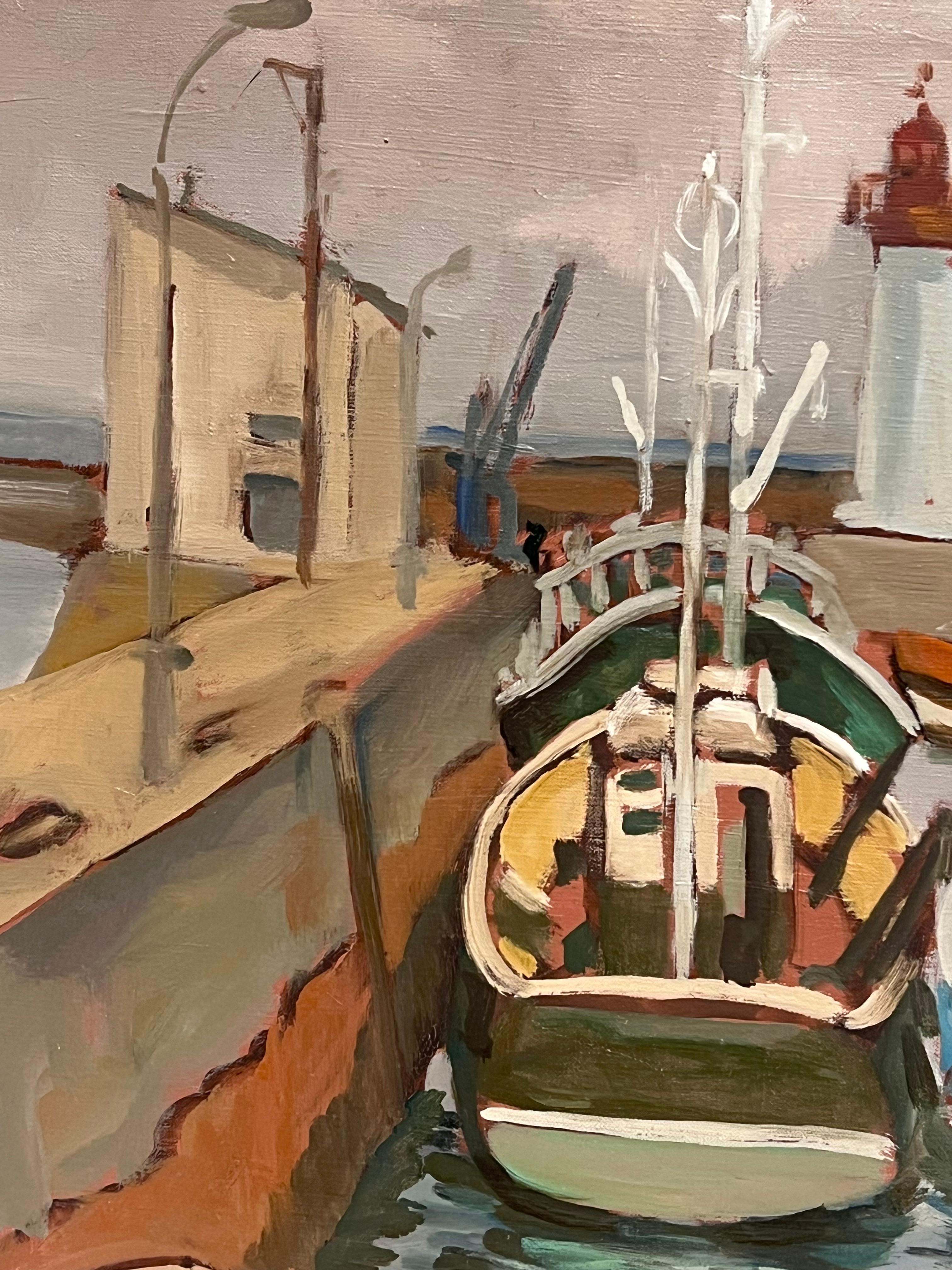 French Impressionist Oil Painting Gloomy Morning Among Fishing Boat Harbour For Sale 4