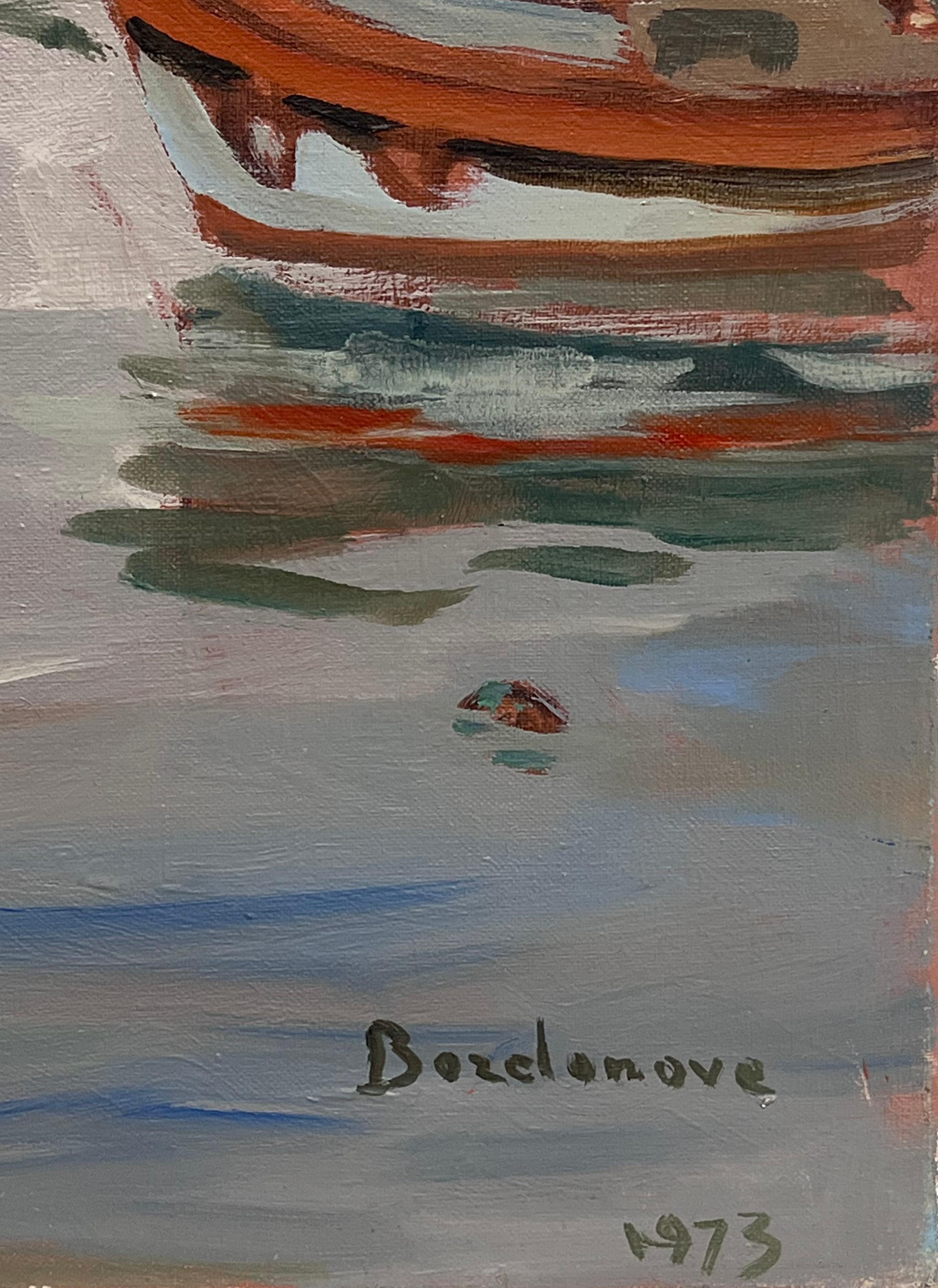 French Impressionist Oil Painting Gloomy Morning Among Fishing Boat Harbour For Sale 5