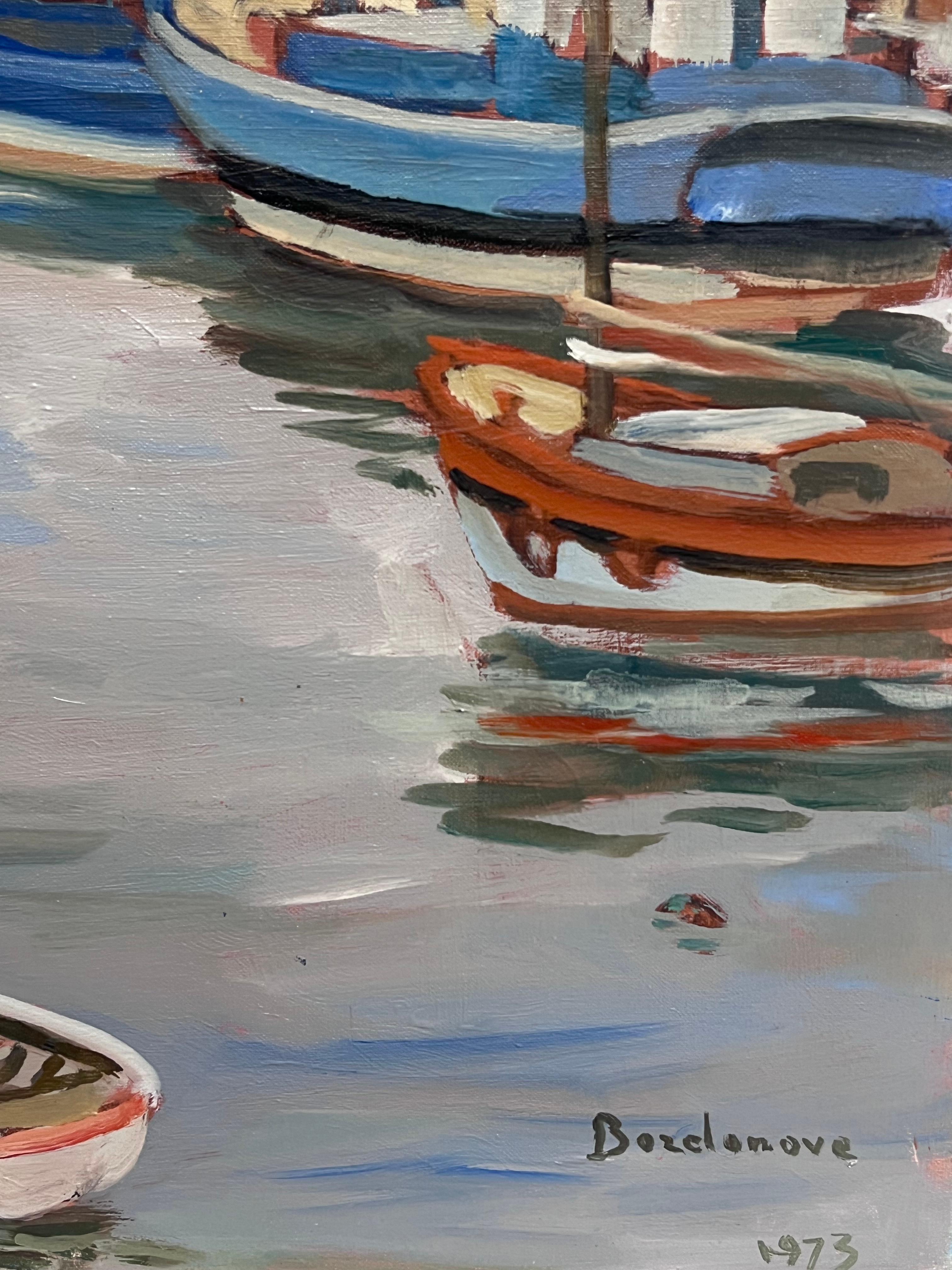 French Impressionist Oil Painting Gloomy Morning Among Fishing Boat Harbour For Sale 6