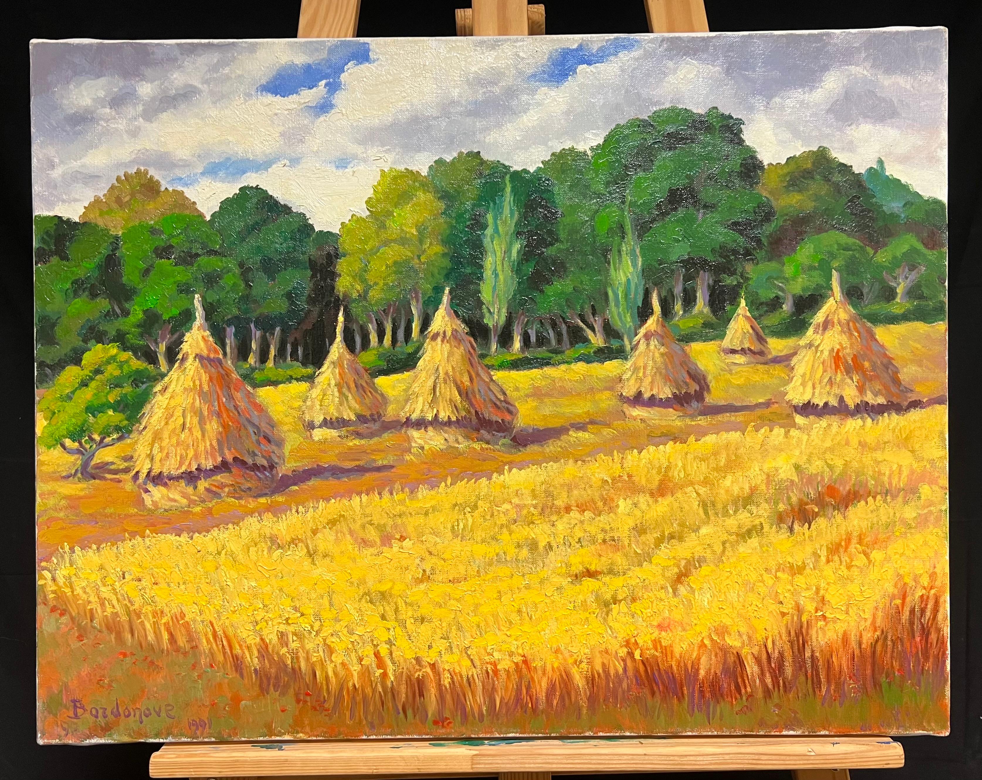 French Impressionist Oil Painting Golden Harvest Landscape with Haystacks - Orange Landscape Painting by Georges Bordonove