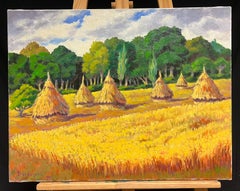 French Impressionist Oil Painting Golden Harvest Landscape with Haystacks