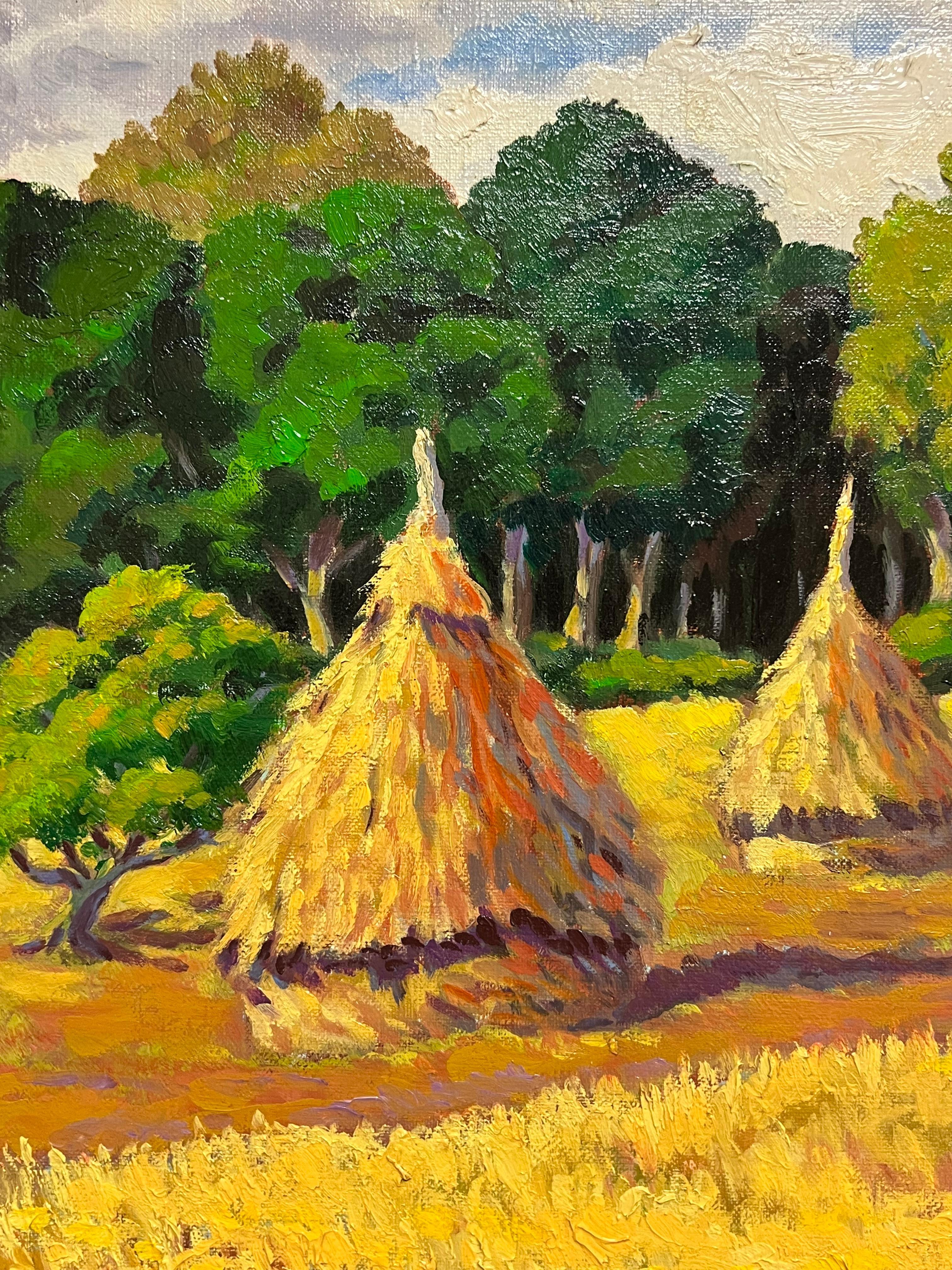 French Impressionist Oil Painting Golden Harvest Landscape with Haystacks For Sale 1