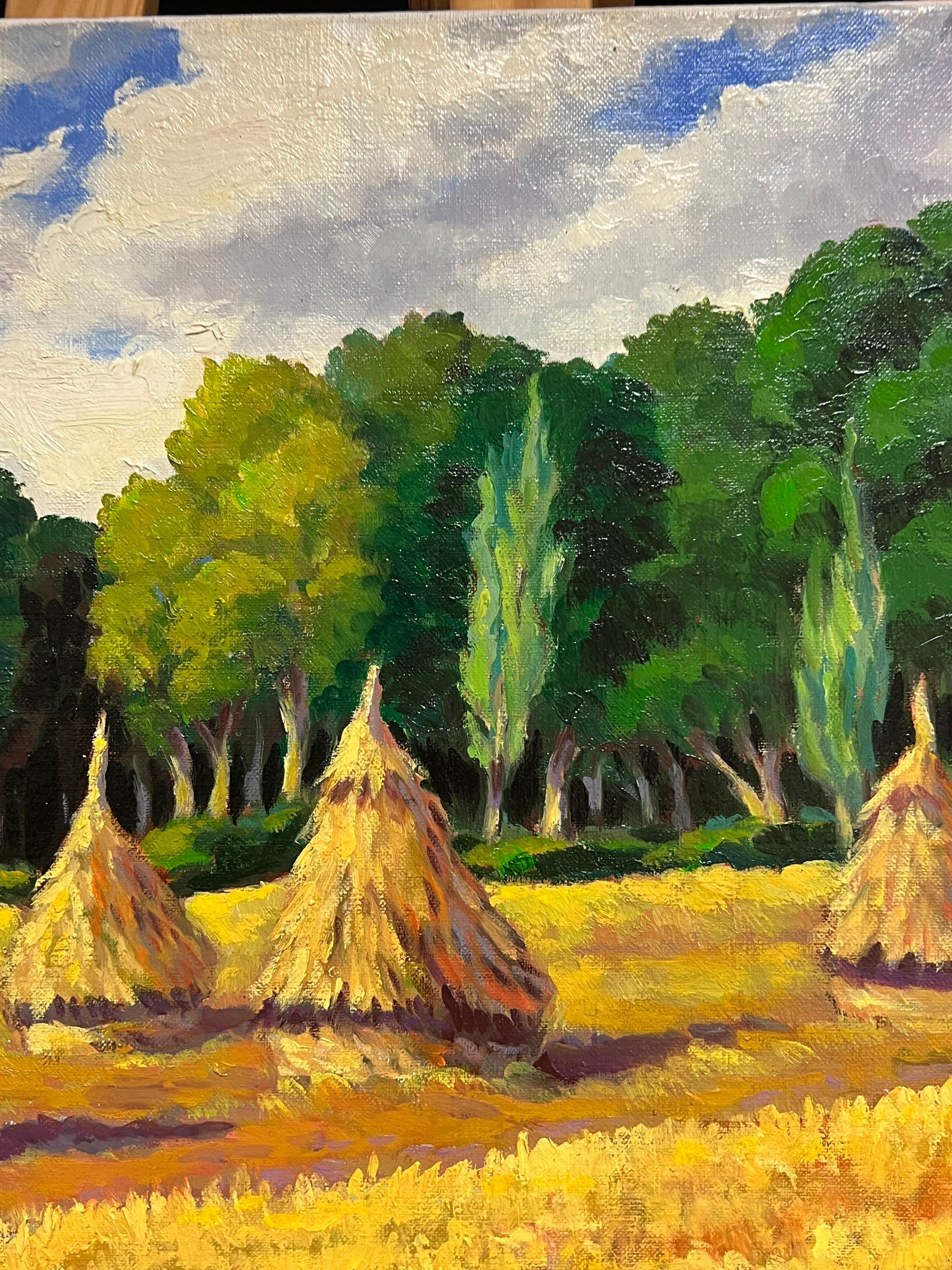French Impressionist Oil Painting Golden Harvest Landscape with Haystacks For Sale 2
