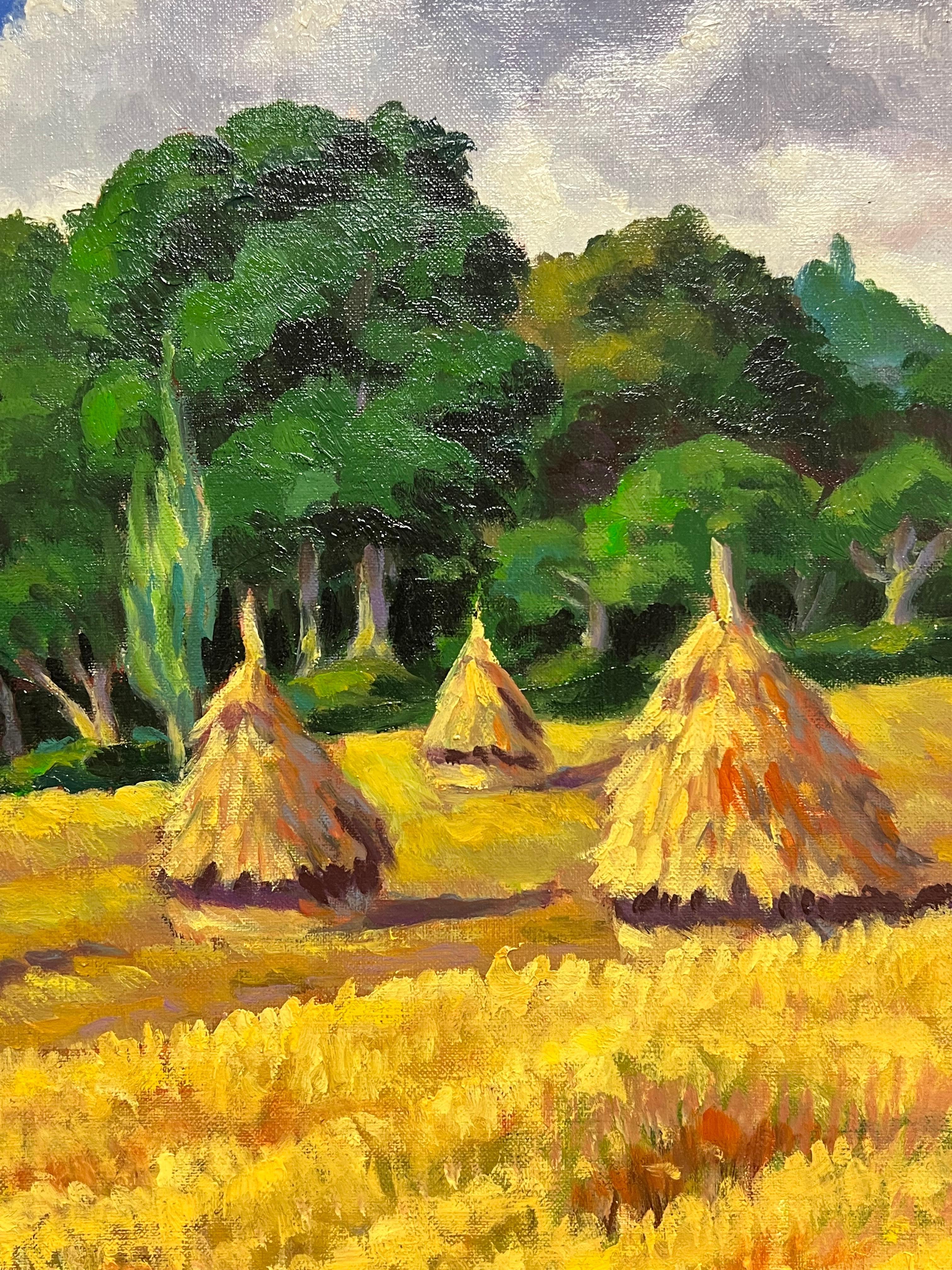 French Impressionist Oil Painting Golden Harvest Landscape with Haystacks For Sale 3