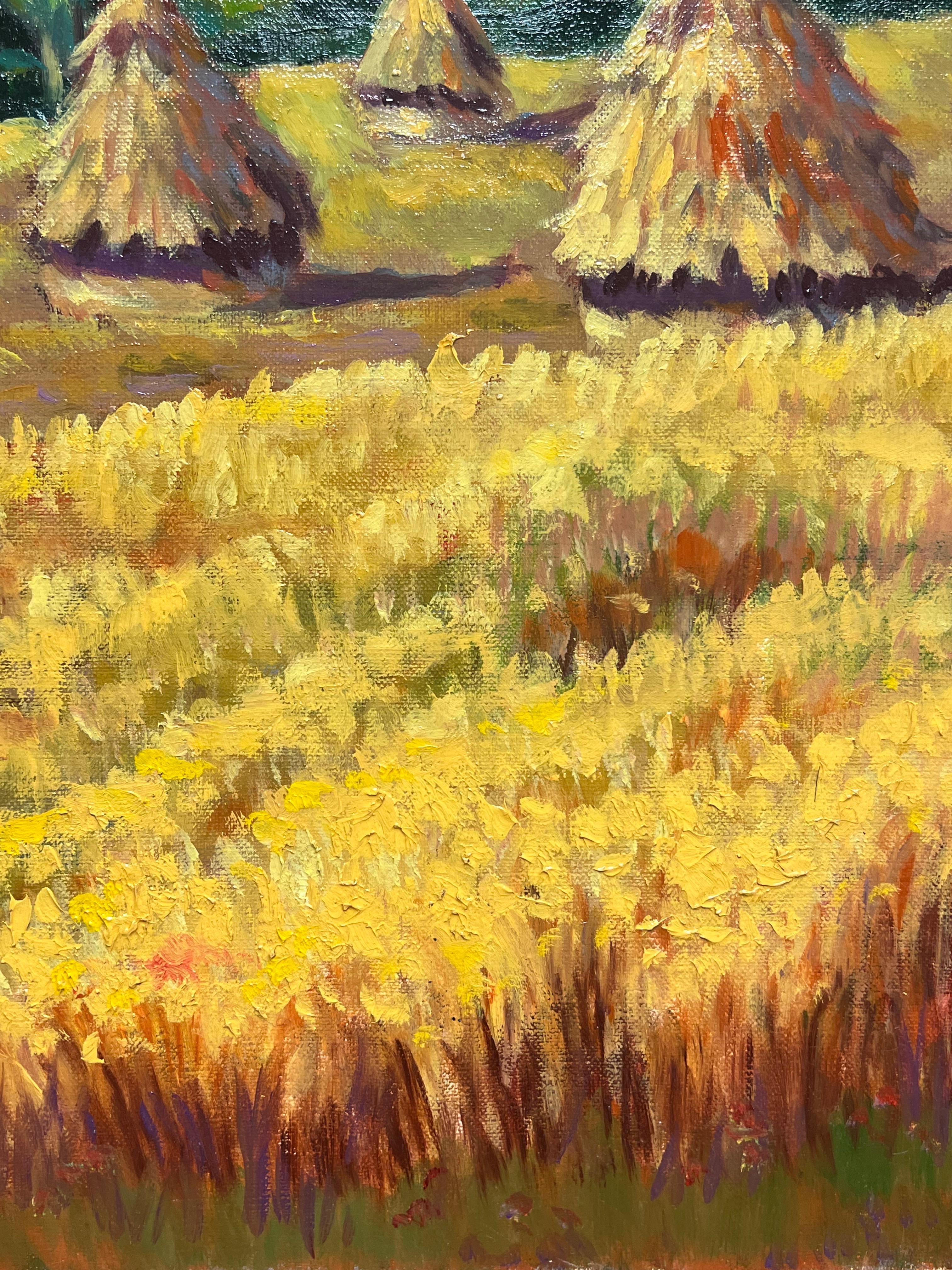 French Impressionist Oil Painting Golden Harvest Landscape with Haystacks For Sale 4