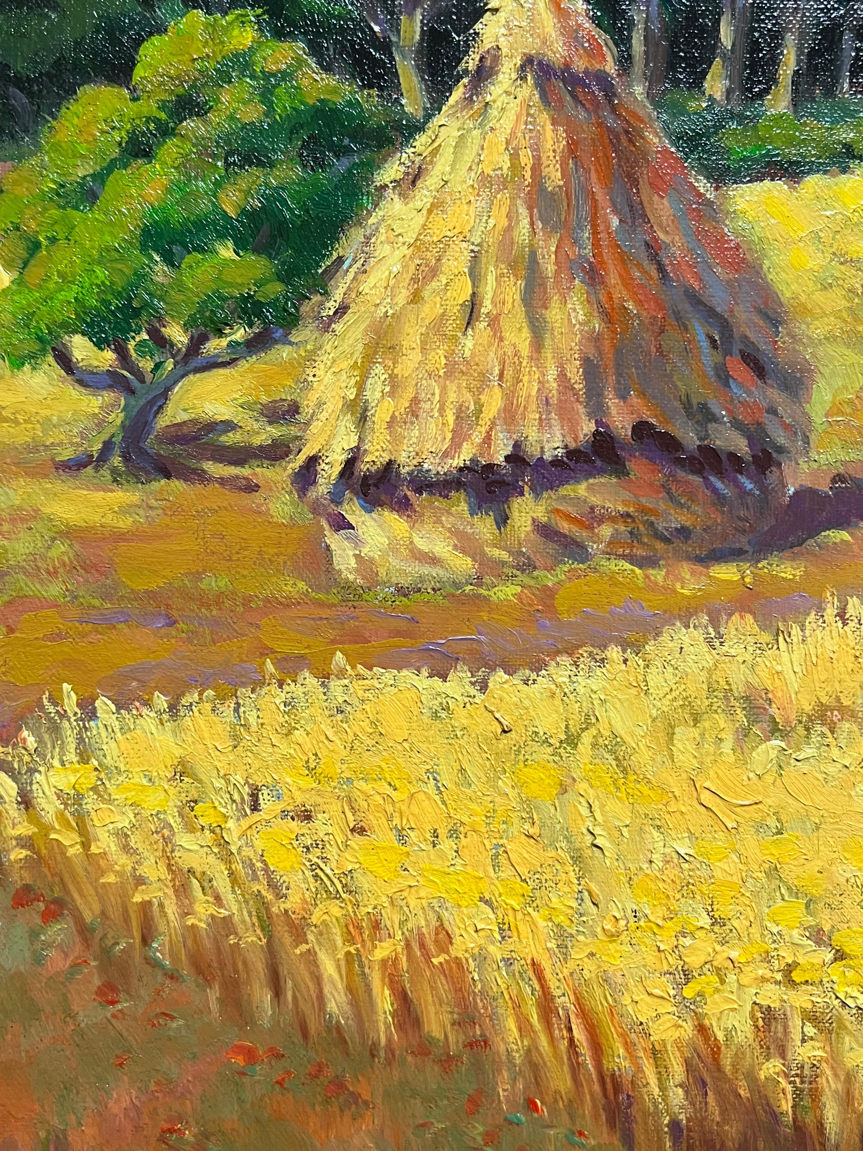 French Impressionist Oil Painting Golden Harvest Landscape with Haystacks For Sale 5
