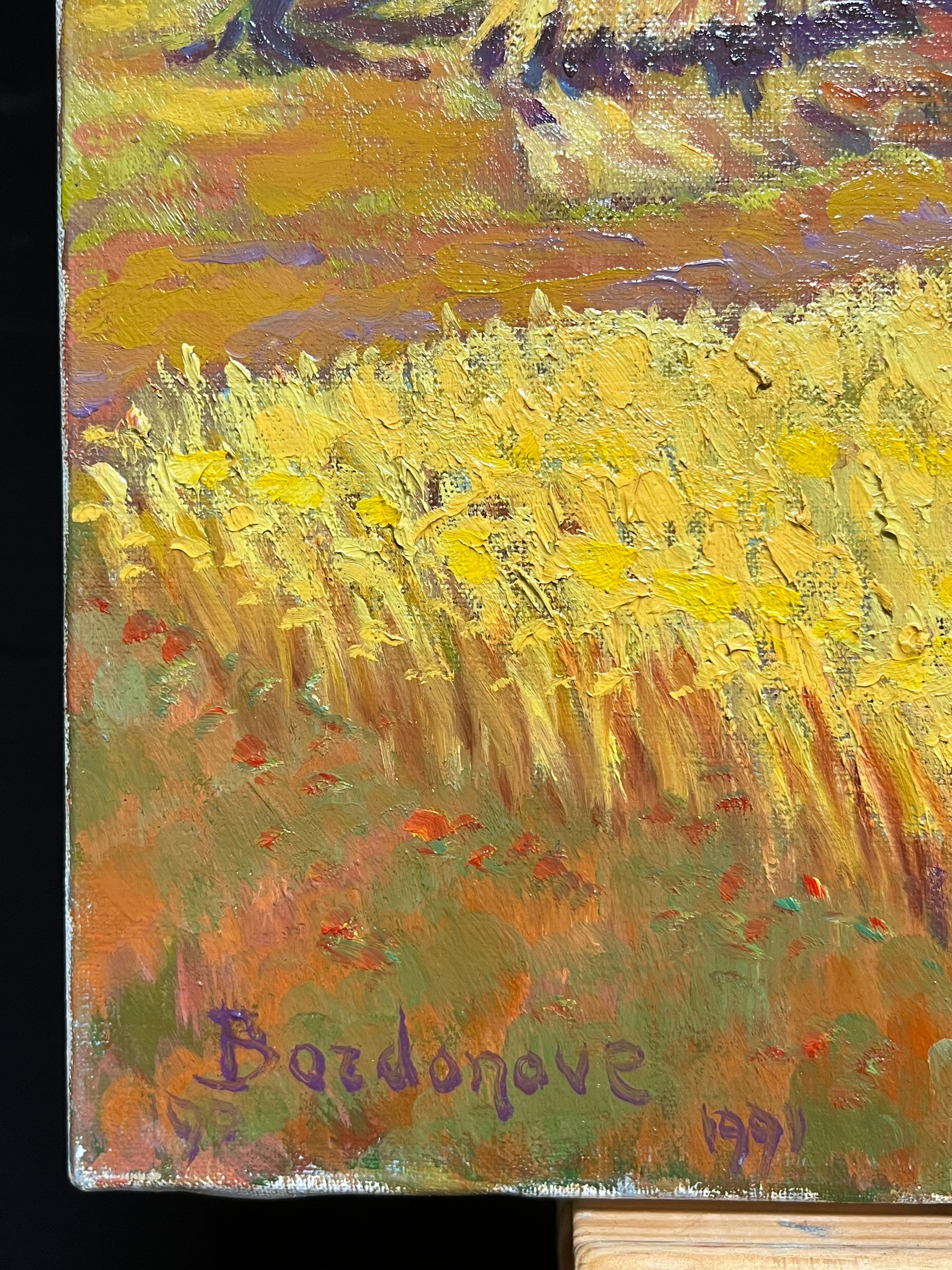 French Impressionist Oil Painting Golden Harvest Landscape with Haystacks For Sale 6