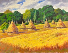 French Impressionist Oil Painting Golden Harvest Landscape with Haystacks