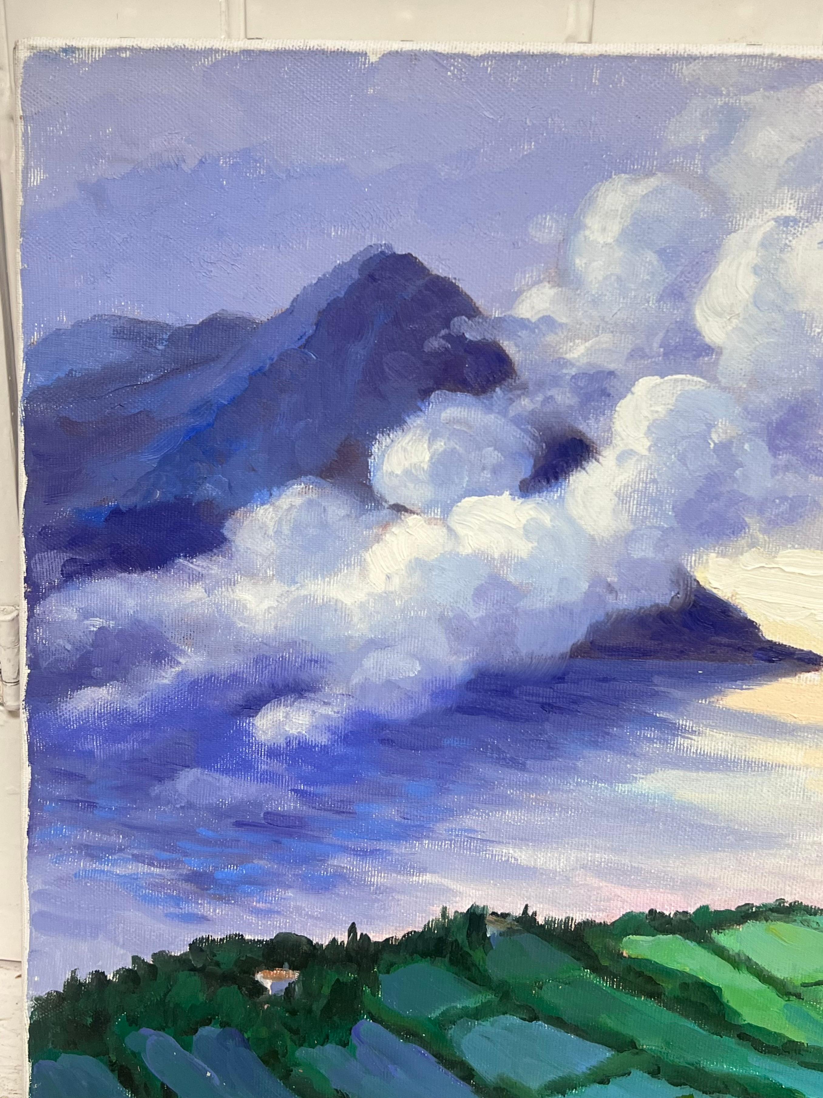 Pittura ad olio impressionista francese Campi verdi e cime fumose sul mare in vendita 6