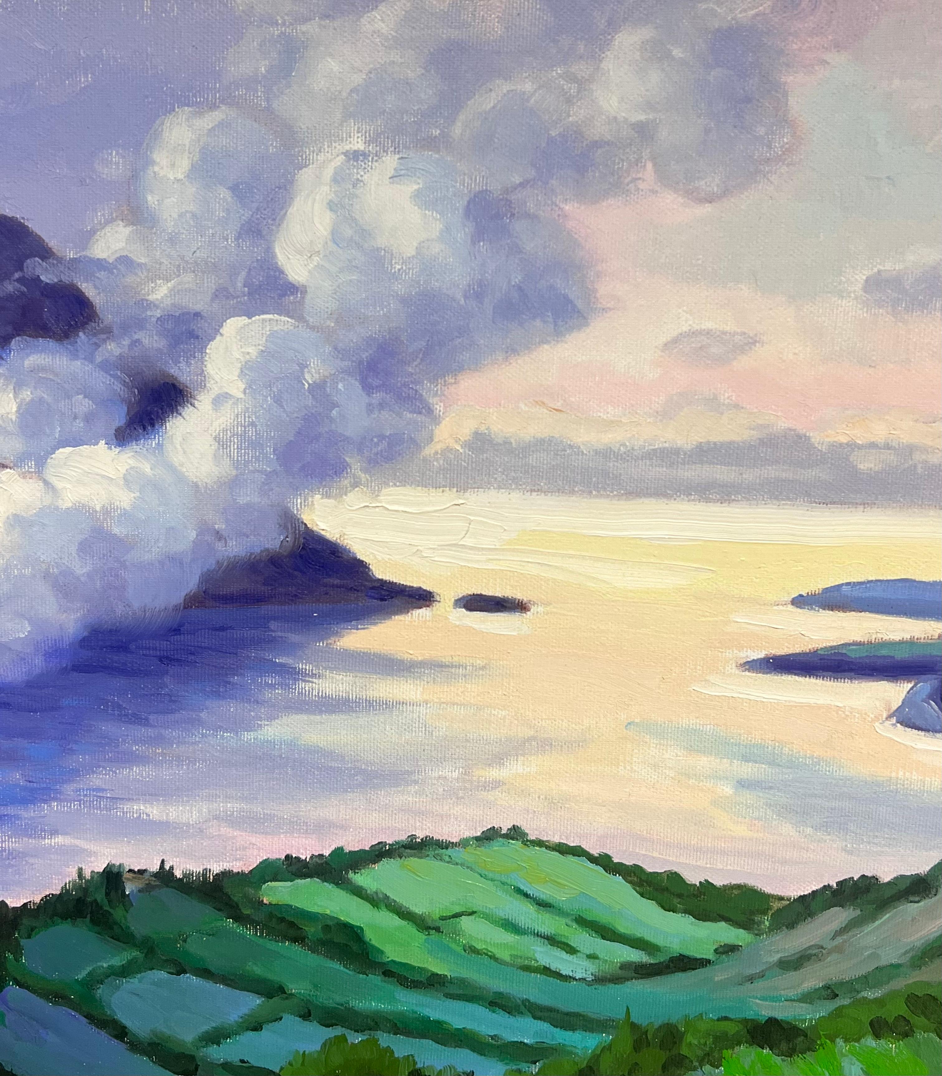 Pittura ad olio impressionista francese Campi verdi e cime fumose sul mare - Painting Impressionismo di Georges Bordonove