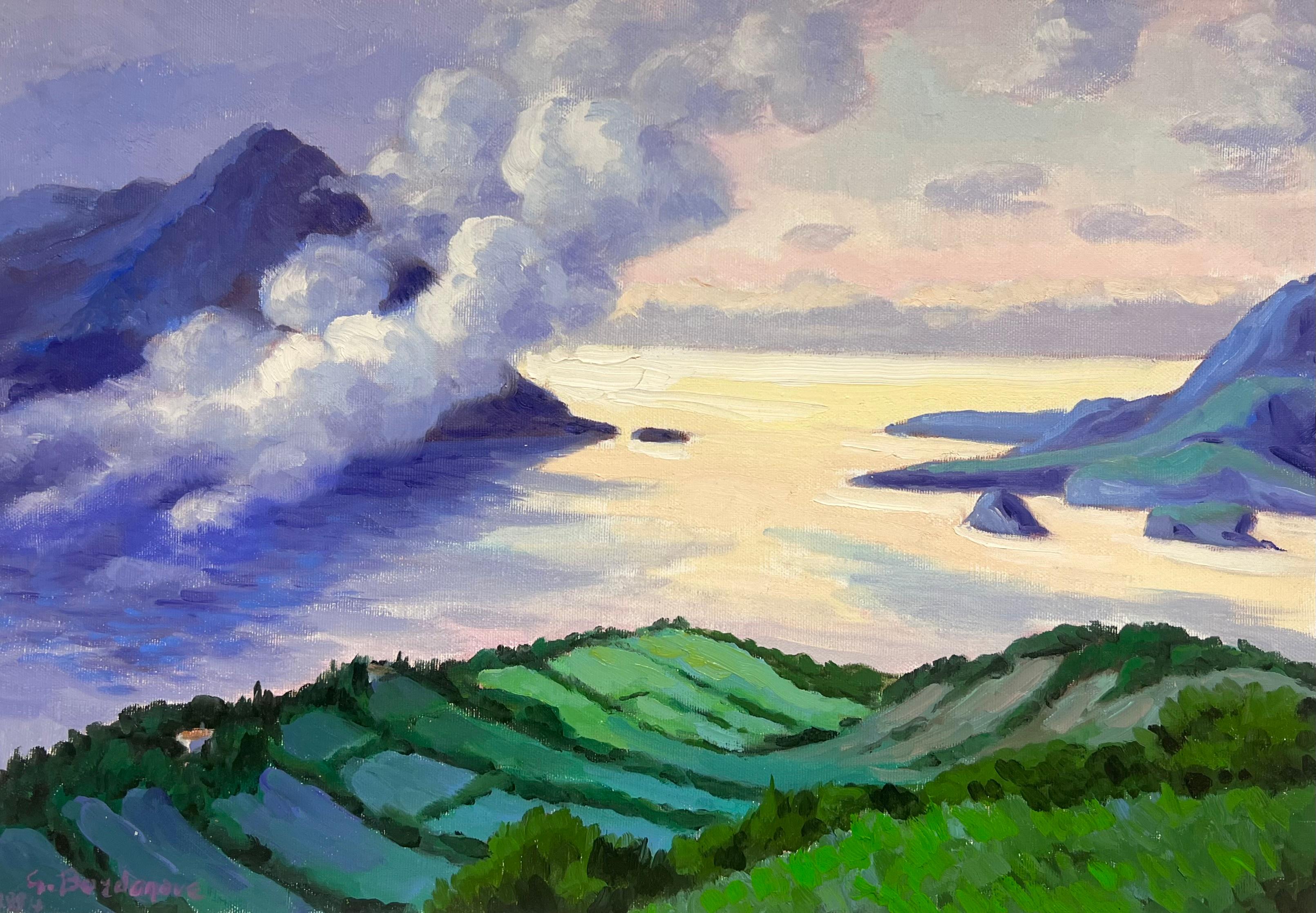 Pittura ad olio impressionista francese Campi verdi e cime fumose sul mare in vendita 1