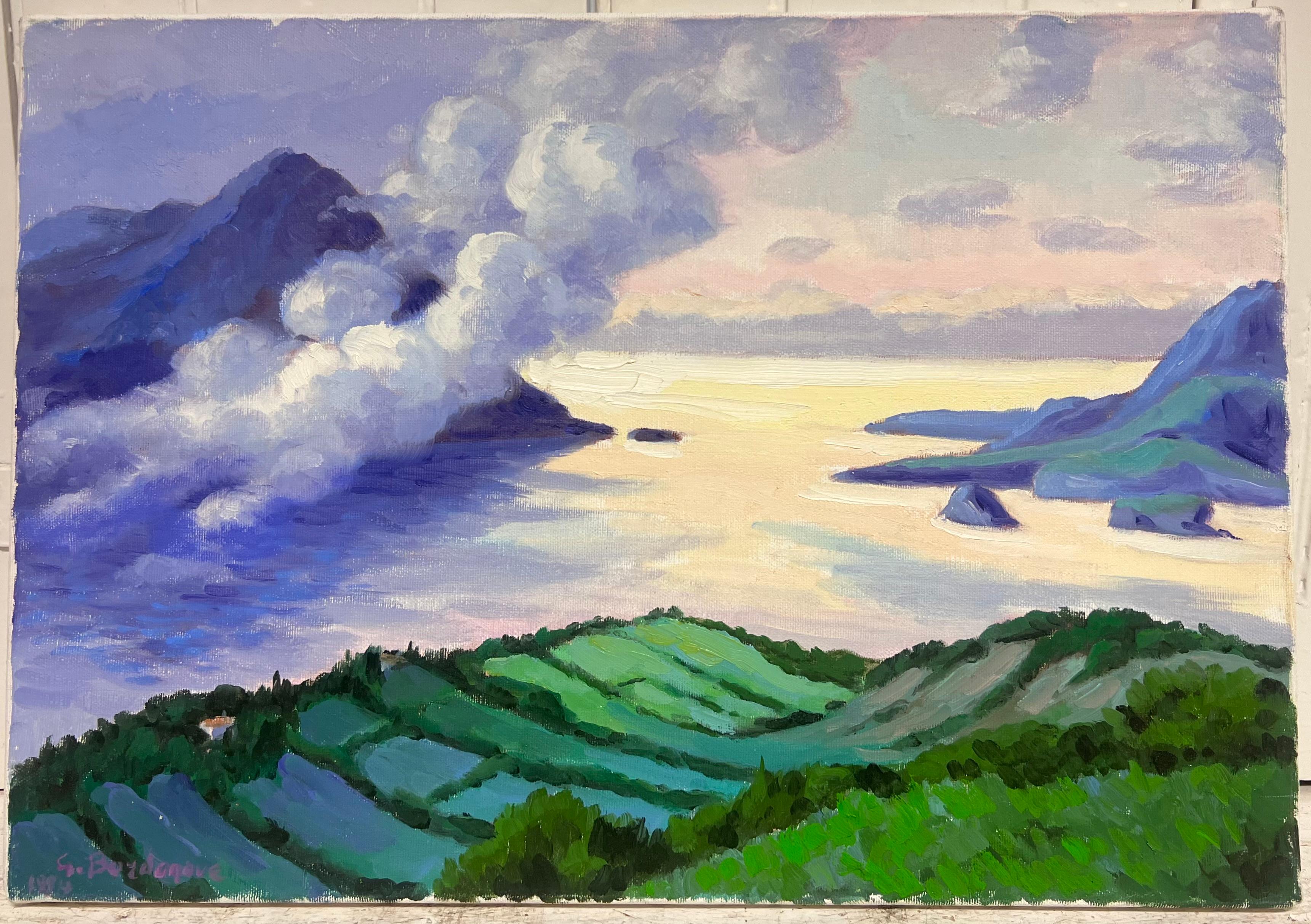 Pittura ad olio impressionista francese Campi verdi e cime fumose sul mare - Painting di Georges Bordonove